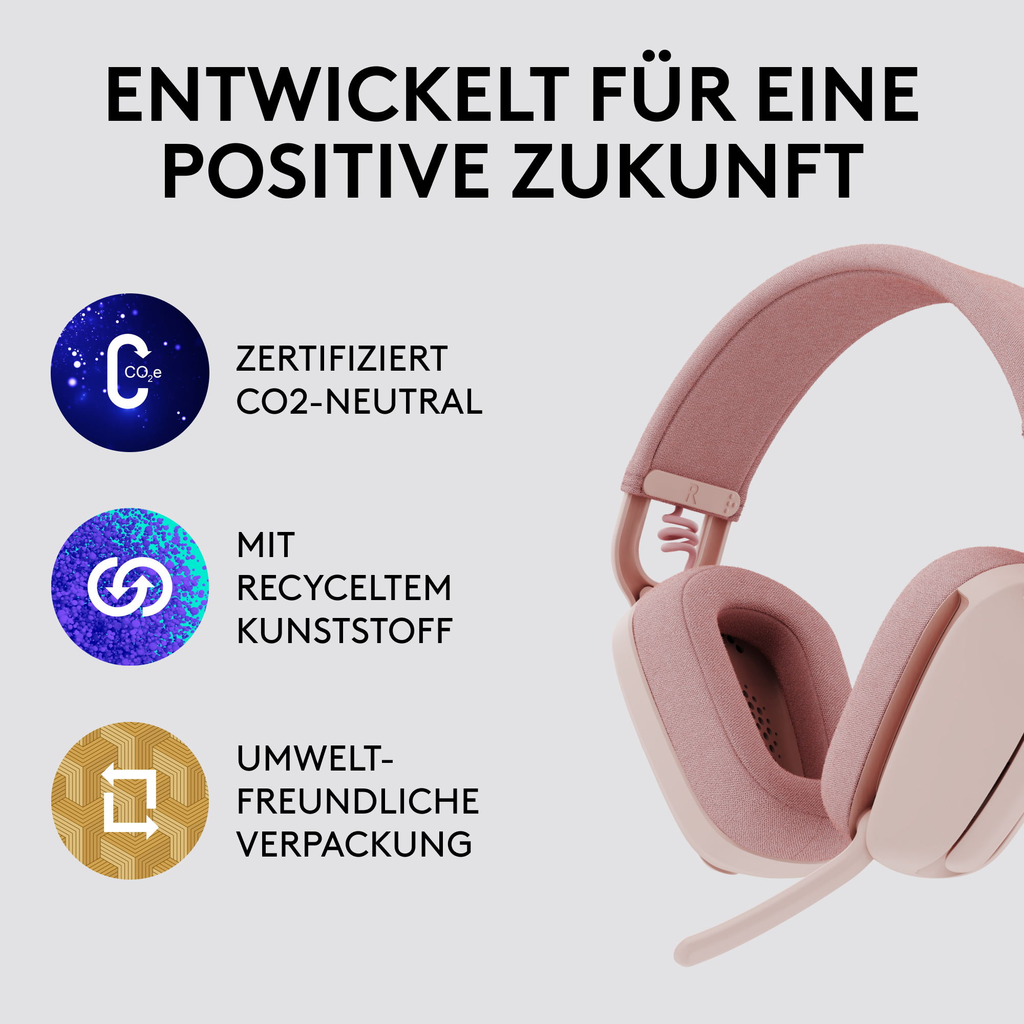 Rosa Kopfhörer mit Text über eine positive Zukunft, CO2-neutral, recyceltem Kunststoff und Öko-Verpackung.