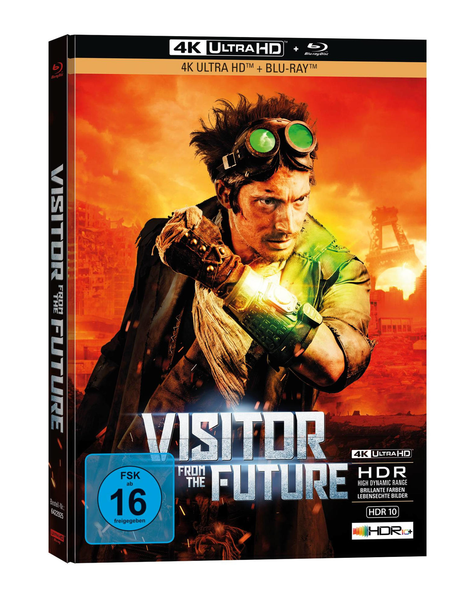 Filmcover: Ein Mann mit Brille und futuristischem Outfit. Titel: Visitor From The Future.