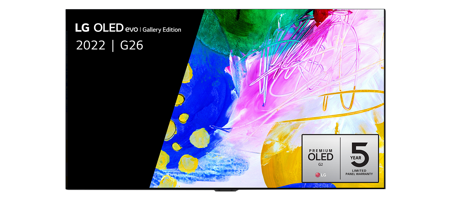 LG OLED TV, zwarte lijst, met abstracte kunst op het scherm, witte tekst en een garantiebadge.