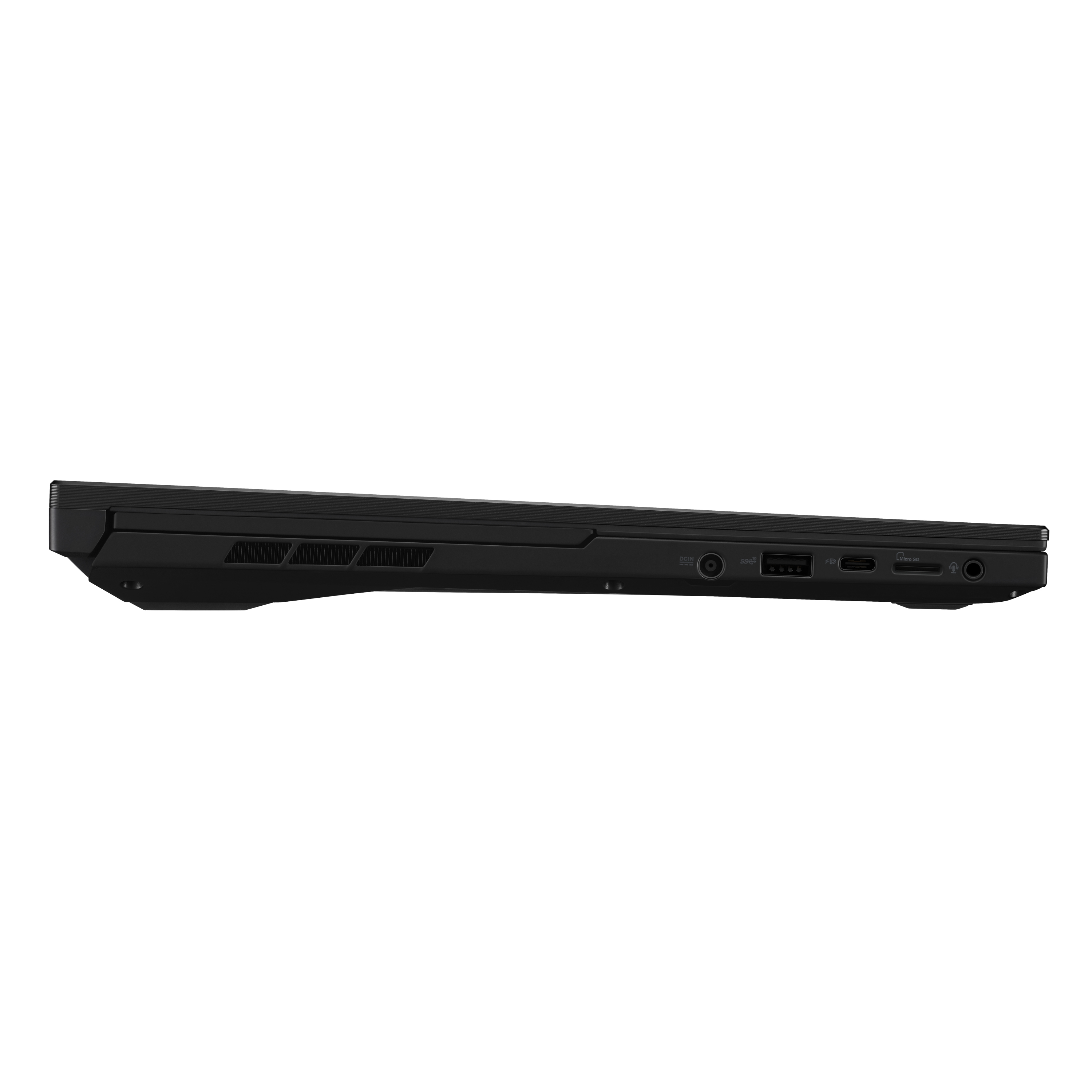 Schwarze Laptop-Seitenansicht, zeigt Anschlüsse, freigestellt auf Weiß.