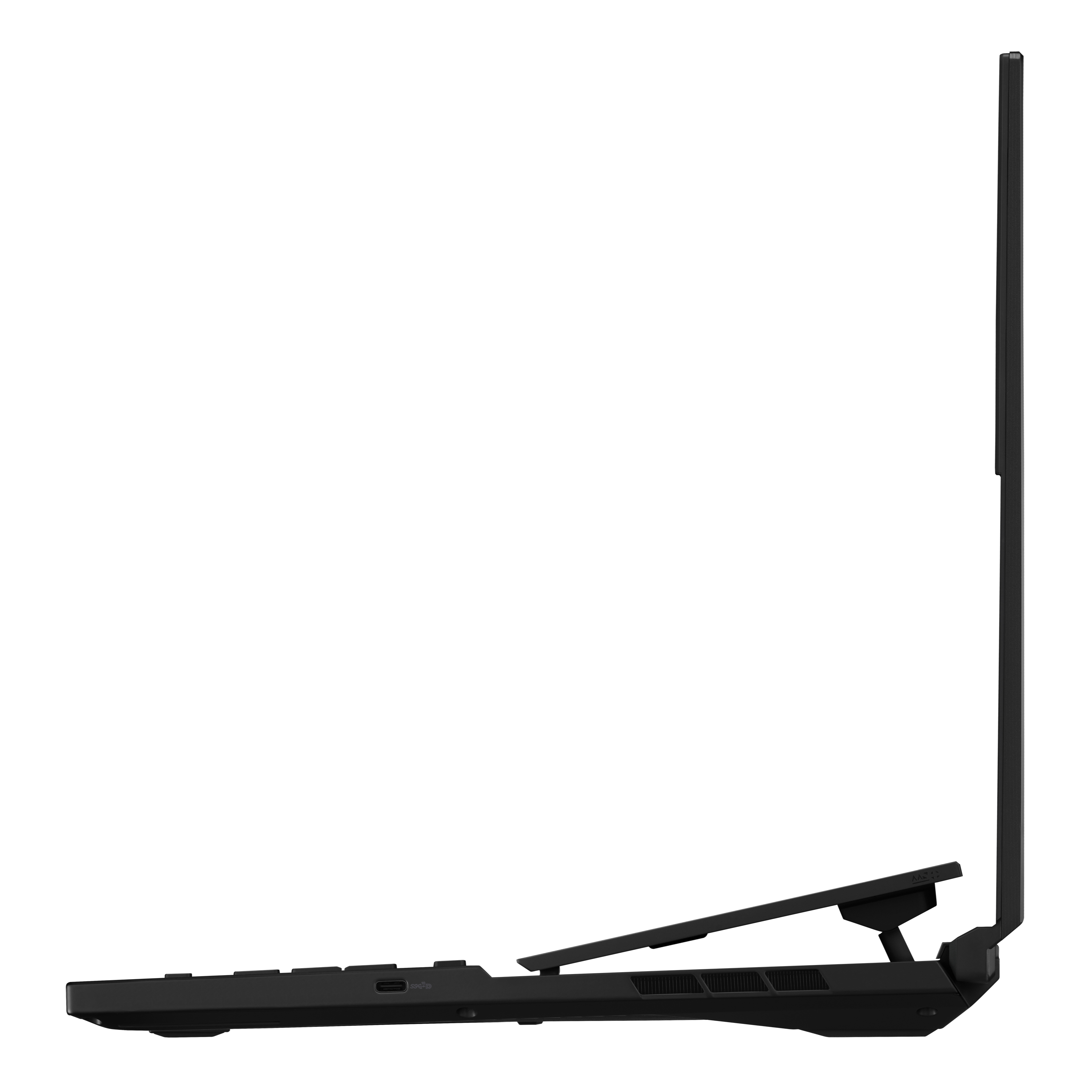 Schwarzer Laptop, Seitenansicht, geöffnet mit abgewinkeltem Bildschirm und Tastatur.