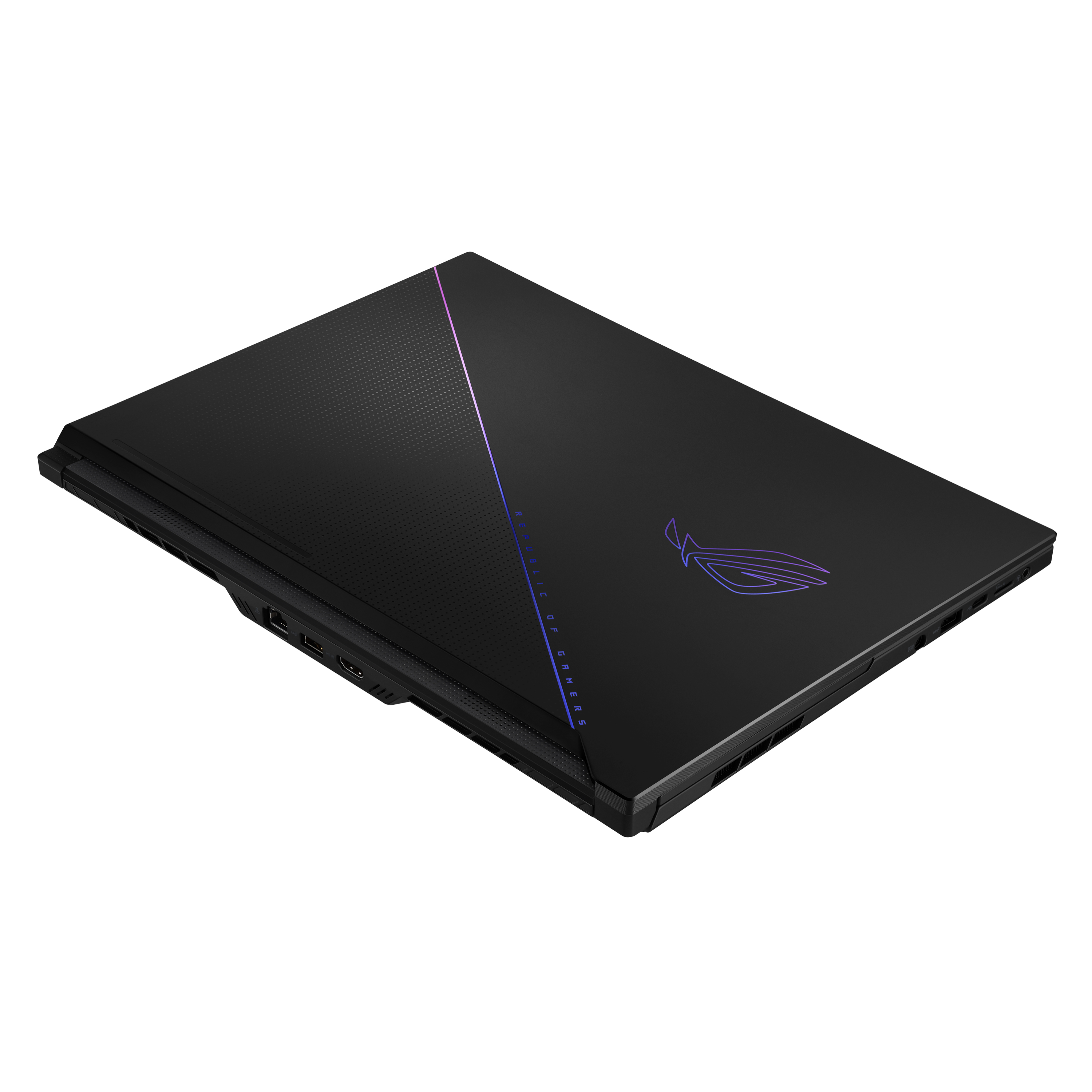 Schwarzer Laptop. Draufsicht zeigt den geschlossenen Deckel mit Logo und Design.