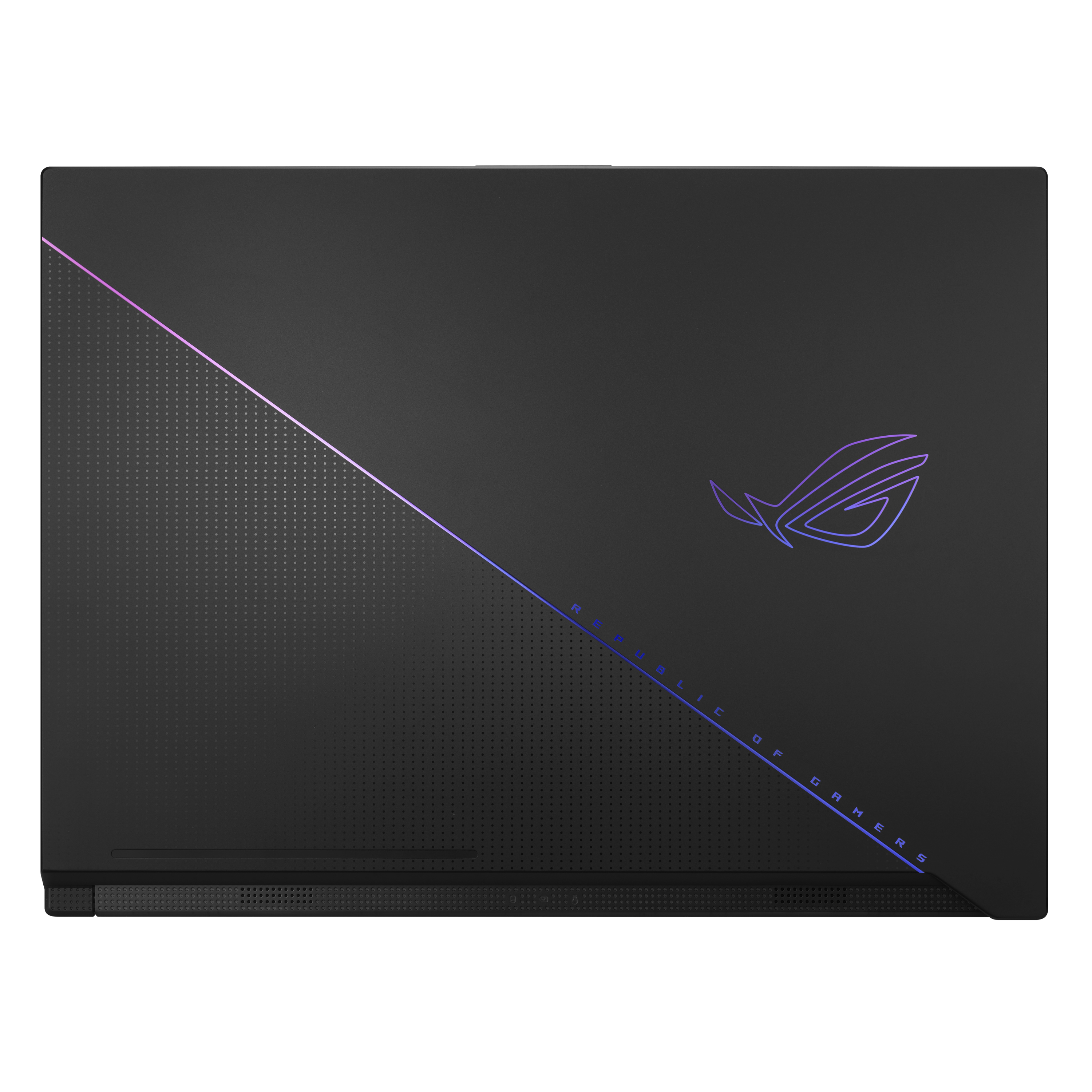 Schwarzer Laptop mit Logo auf der Rückseite. Die Rückseite hat ein Design.