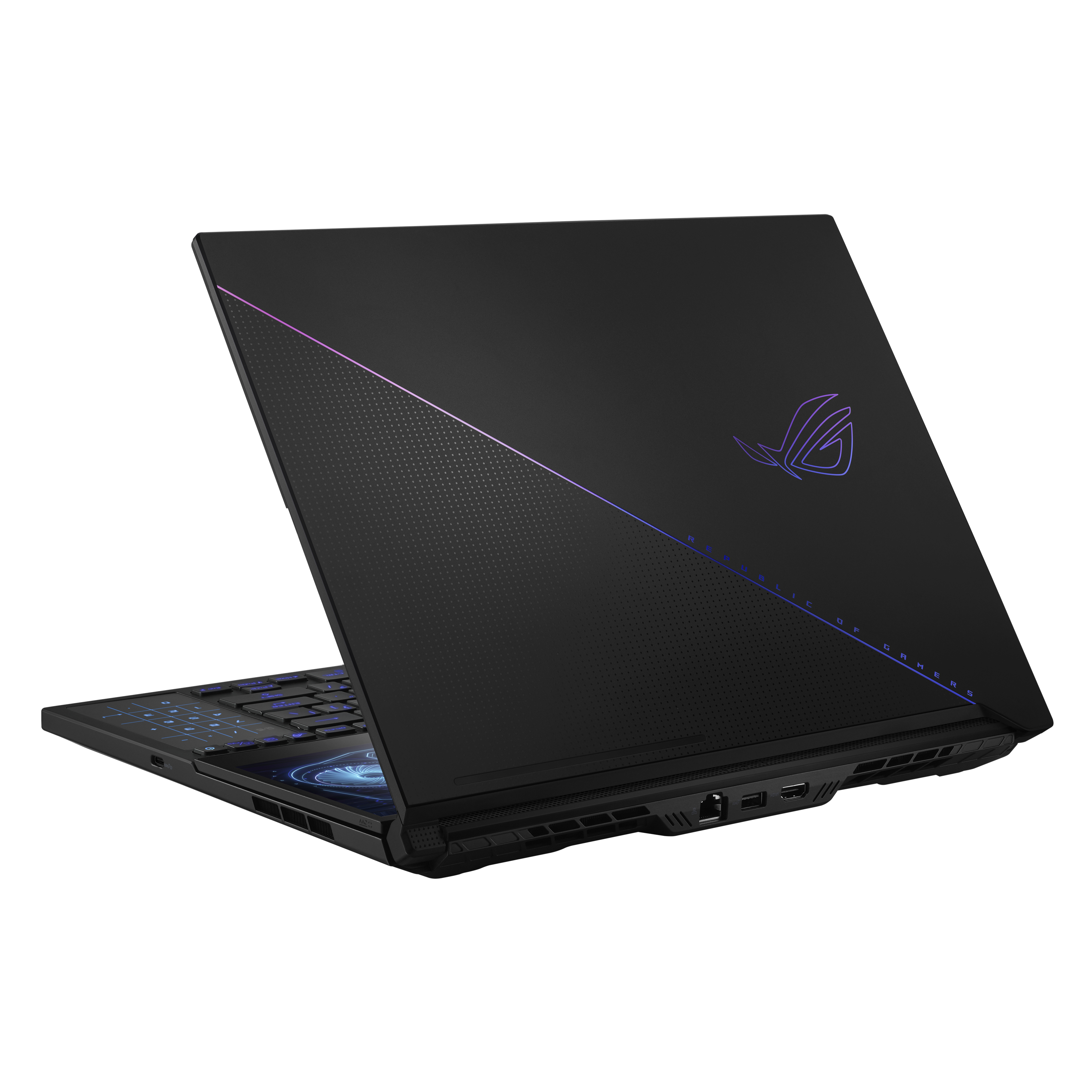 Schwarzer ASUS ROG Gaming-Laptop, geöffnet, mit beleuchtetem ROG-Logo auf der Rückseite.