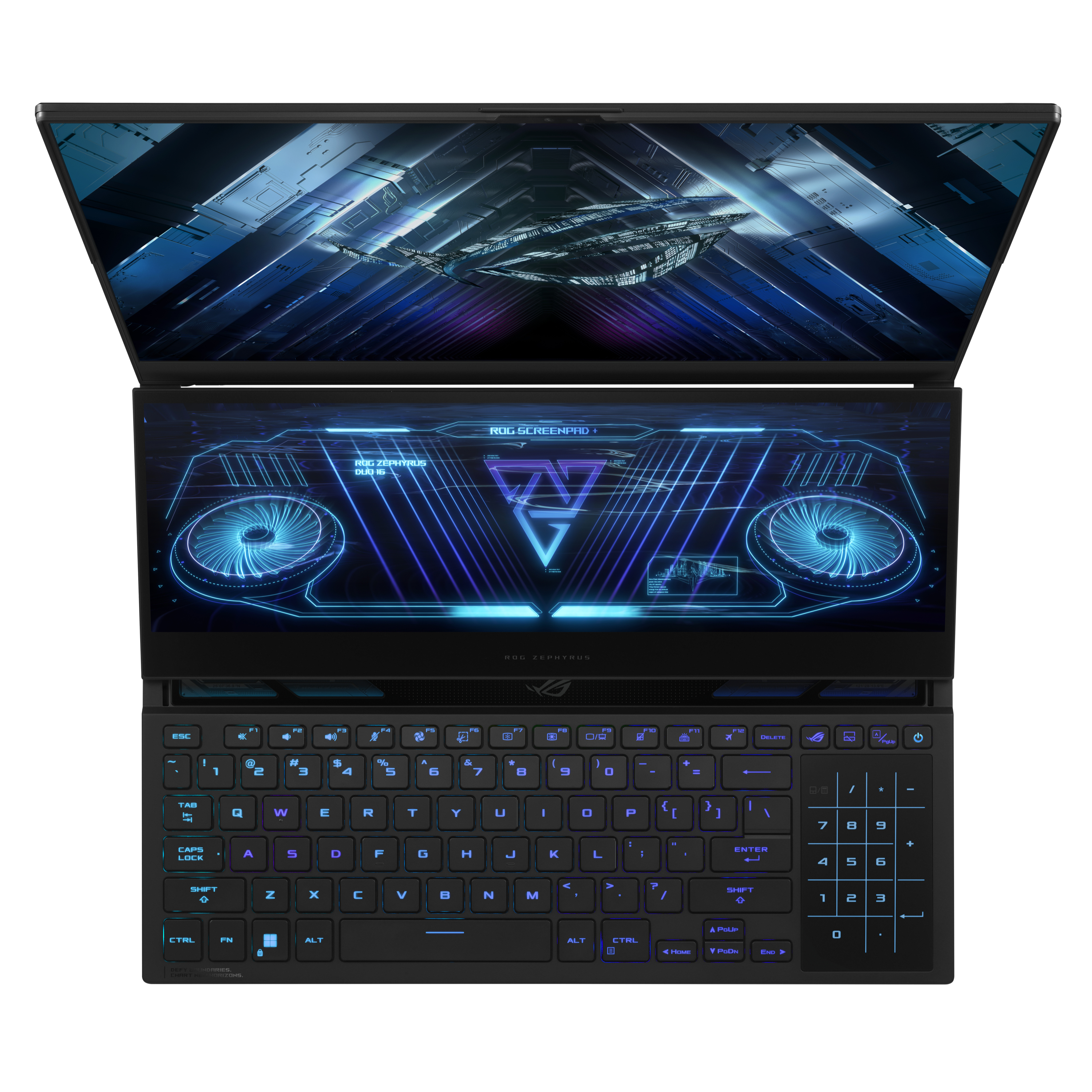 Schwarzer Laptop geöffnet, Bildschirm an, Tastatur sichtbar. Zweiter Bildschirm angewinkelt. Hintergrund dunkel, abstrakt.