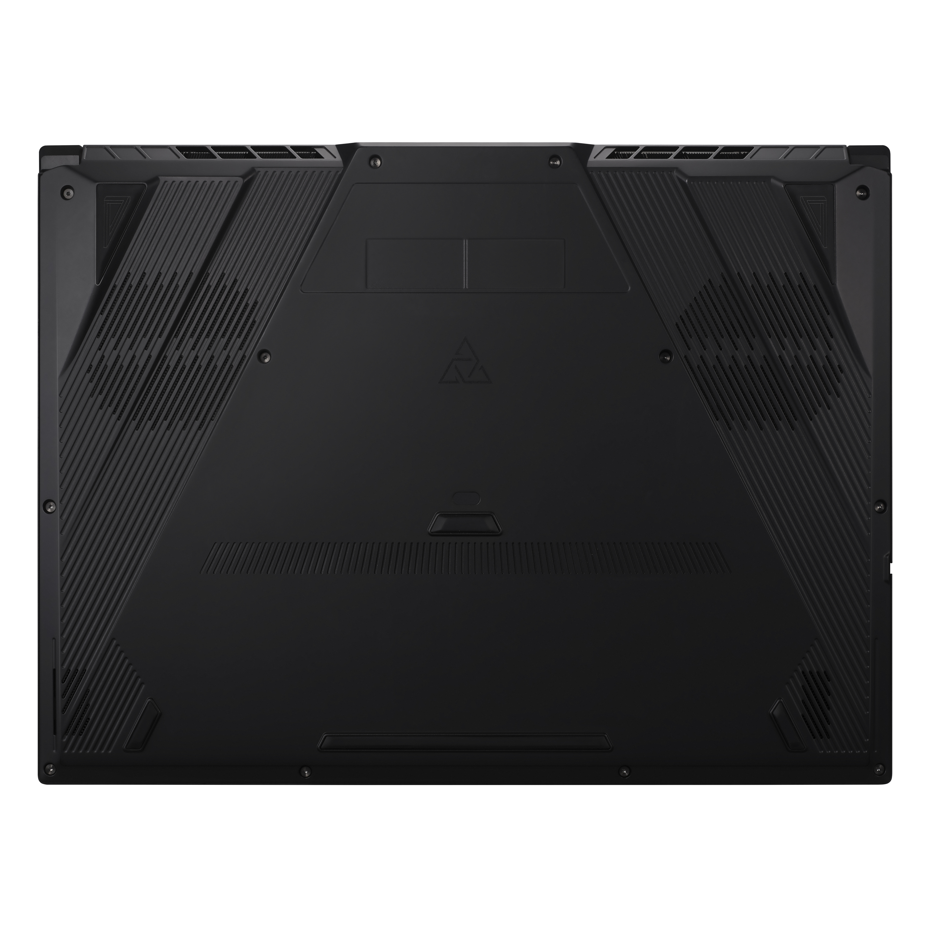Schwarzer Laptop-Boden, sichtbare Belüftung und Designdetails.