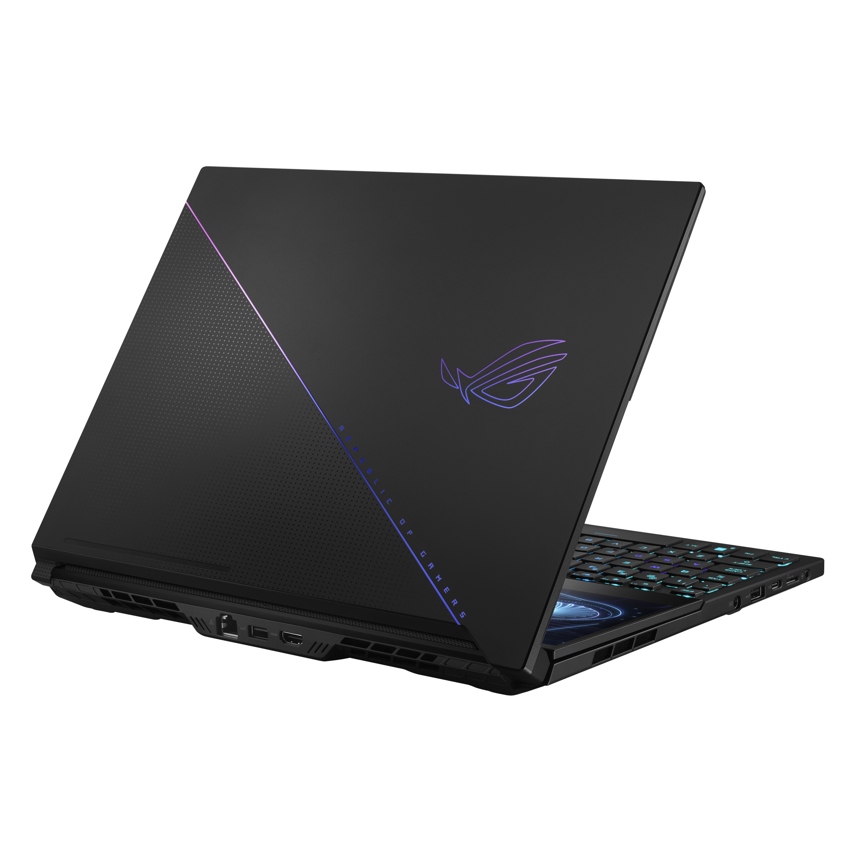 Schwarzer Laptop mit beleuchteter Tastatur und Bildschirm, schräge Ansicht.