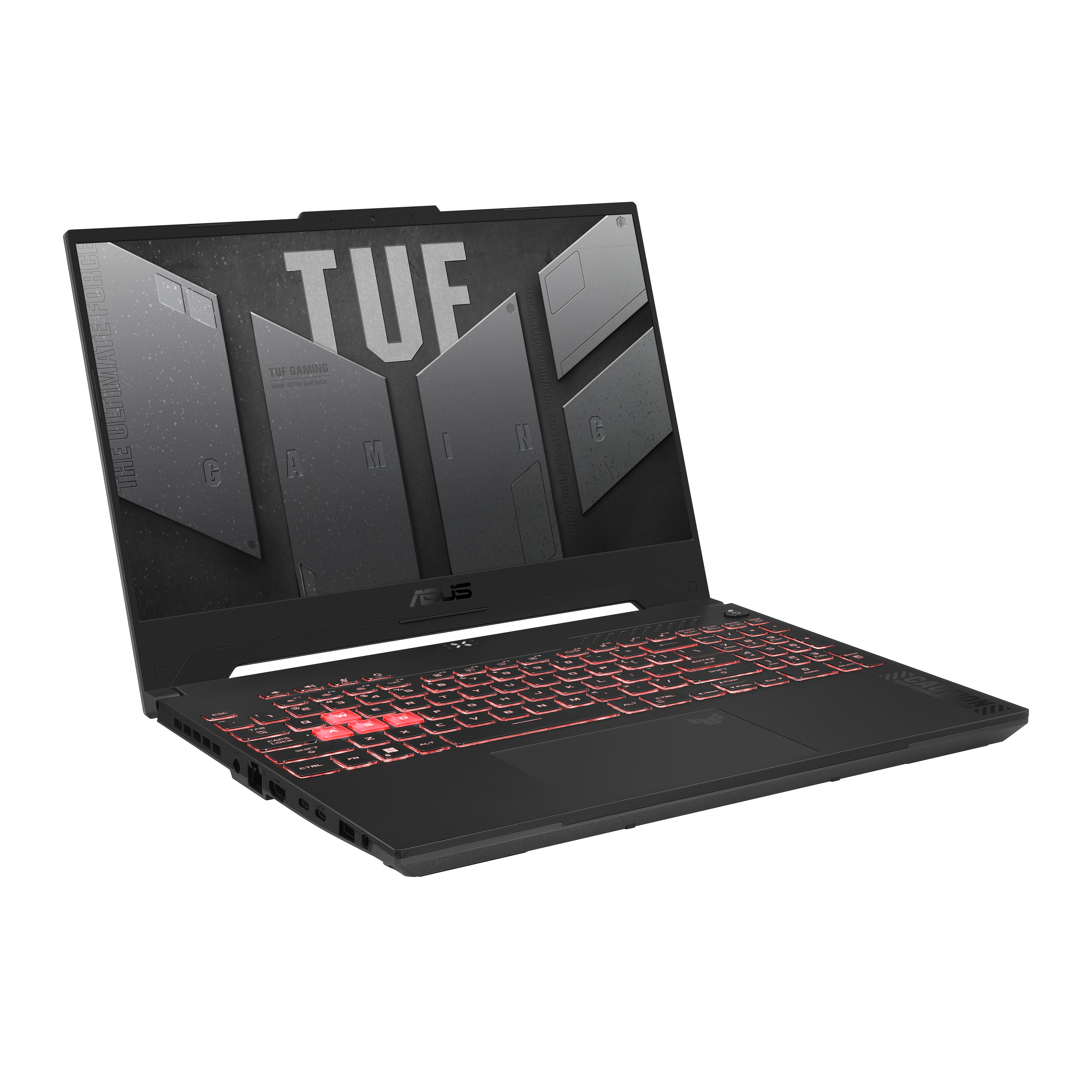 Schwarzer und roter ASUS TUF Gaming Laptop, offen auf weißer Oberfläche.