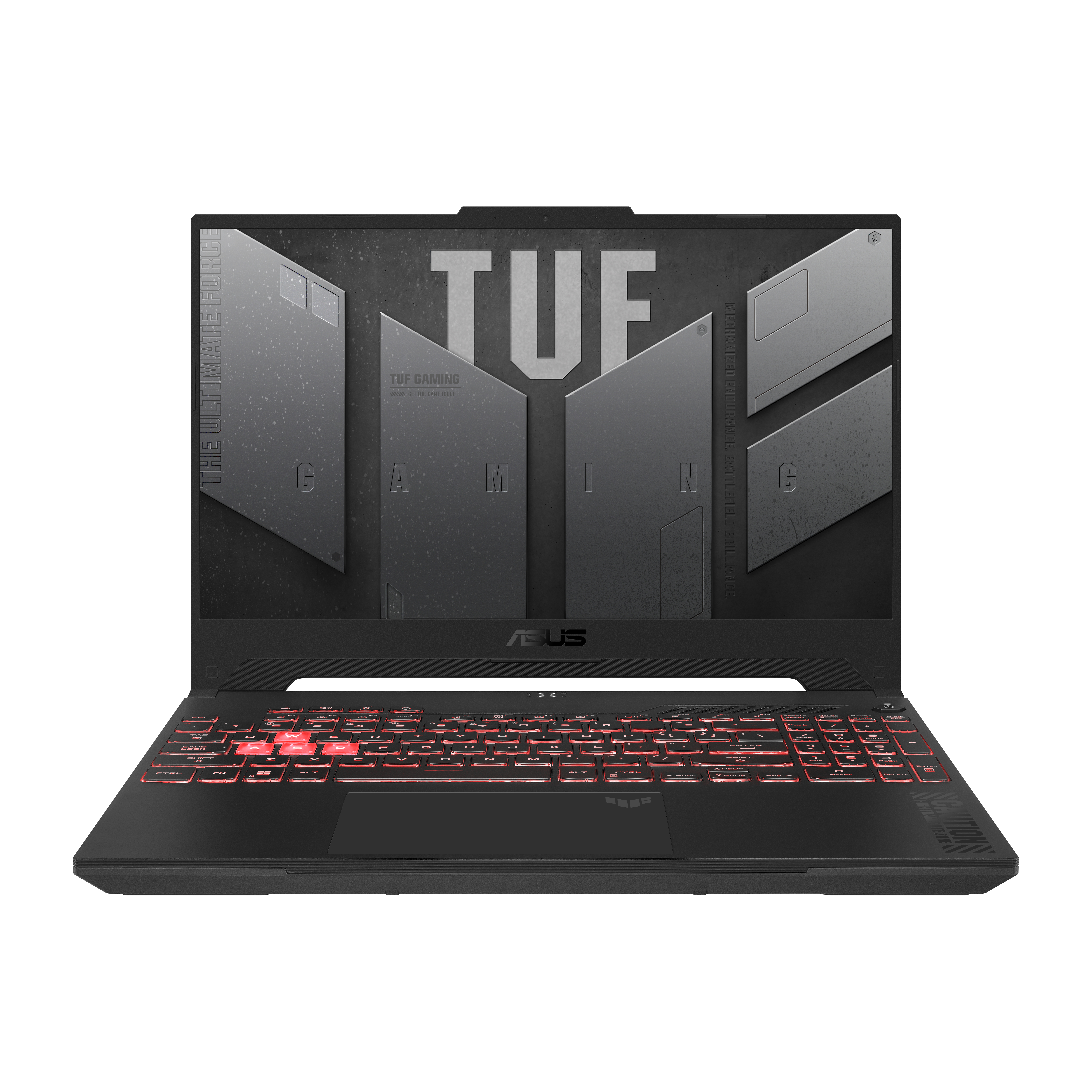 Schwarzer Gaming-Laptop geöffnet. Der Bildschirm zeigt das TUF Gaming Logo. Tastatur mit roter Hintergrundbeleuchtung.
