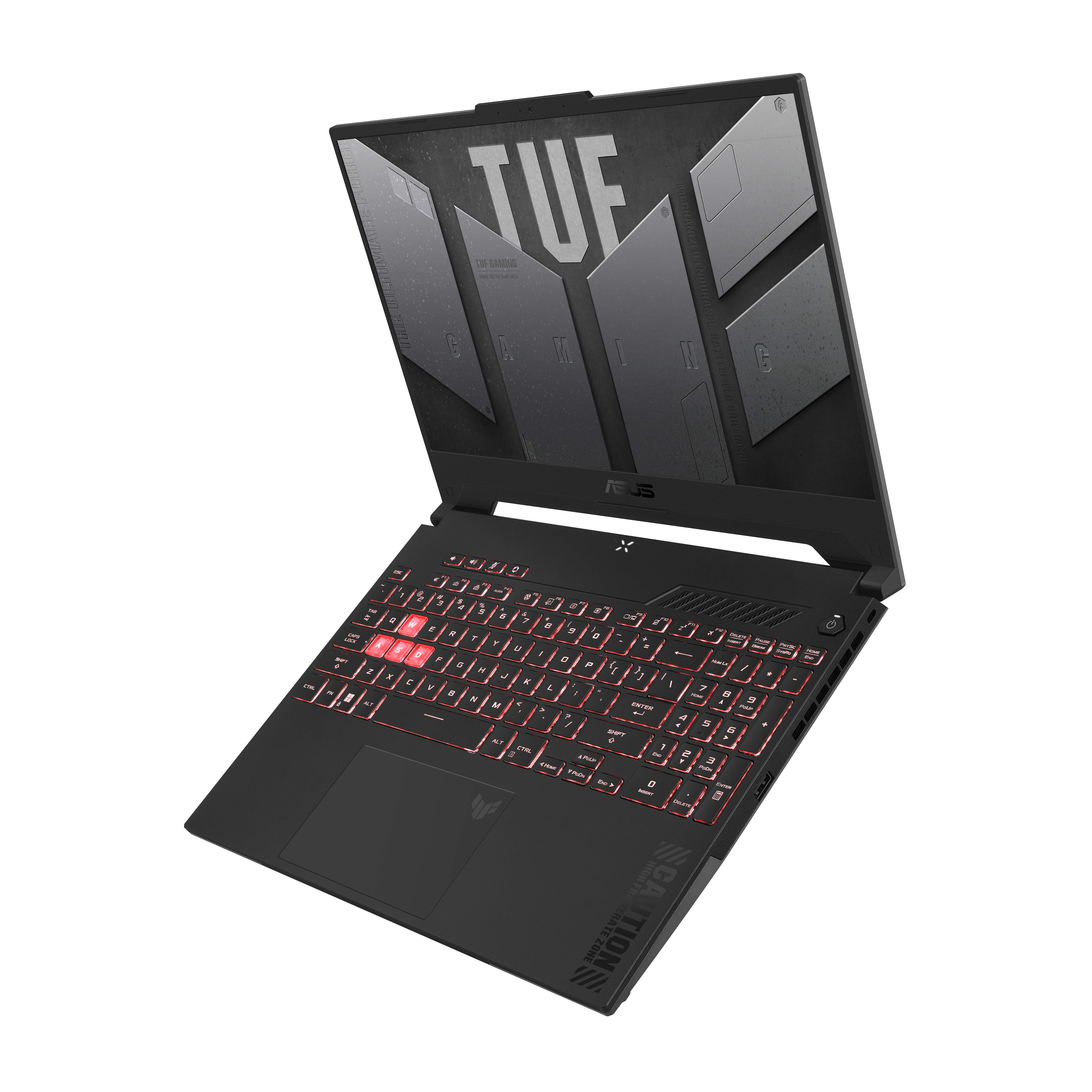 Schwarzer Laptop mit rot hinterleuchteter Tastatur, leicht geöffnet, angewinkelt.