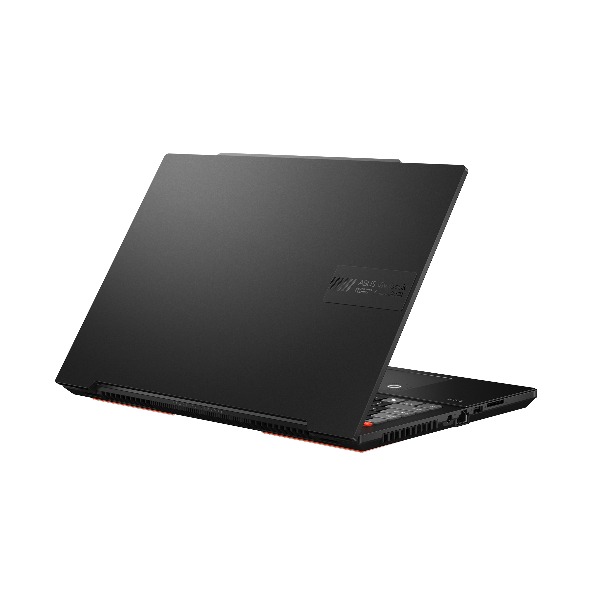 Schwarzer Laptop mit ASUS Vivobook-Logo. Winkelansicht. Rote Akzente und weißer Hintergrund.