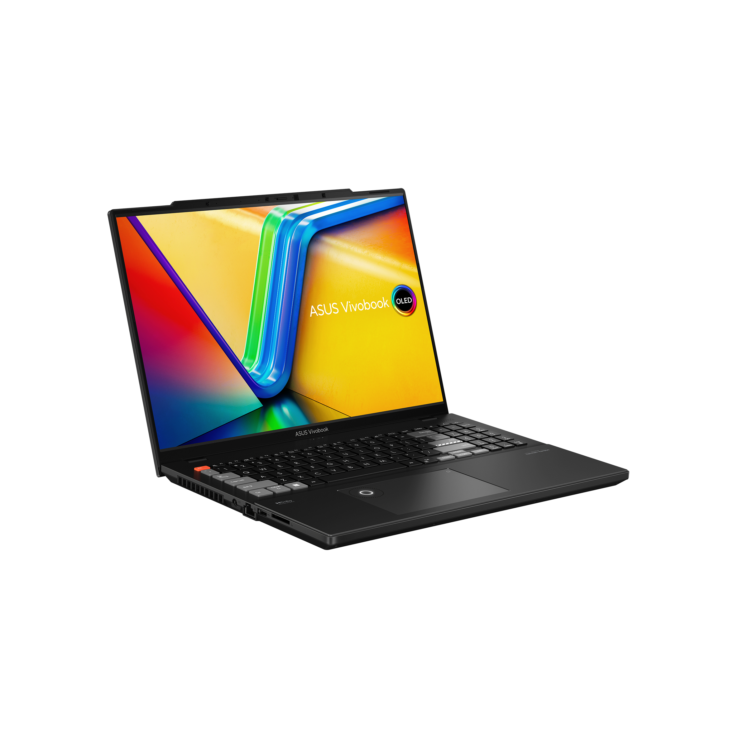 Ein schwarzer Laptop mit geöffnetem Bildschirm, der farbenfrohe Grafiken und die Tastatur zeigt.