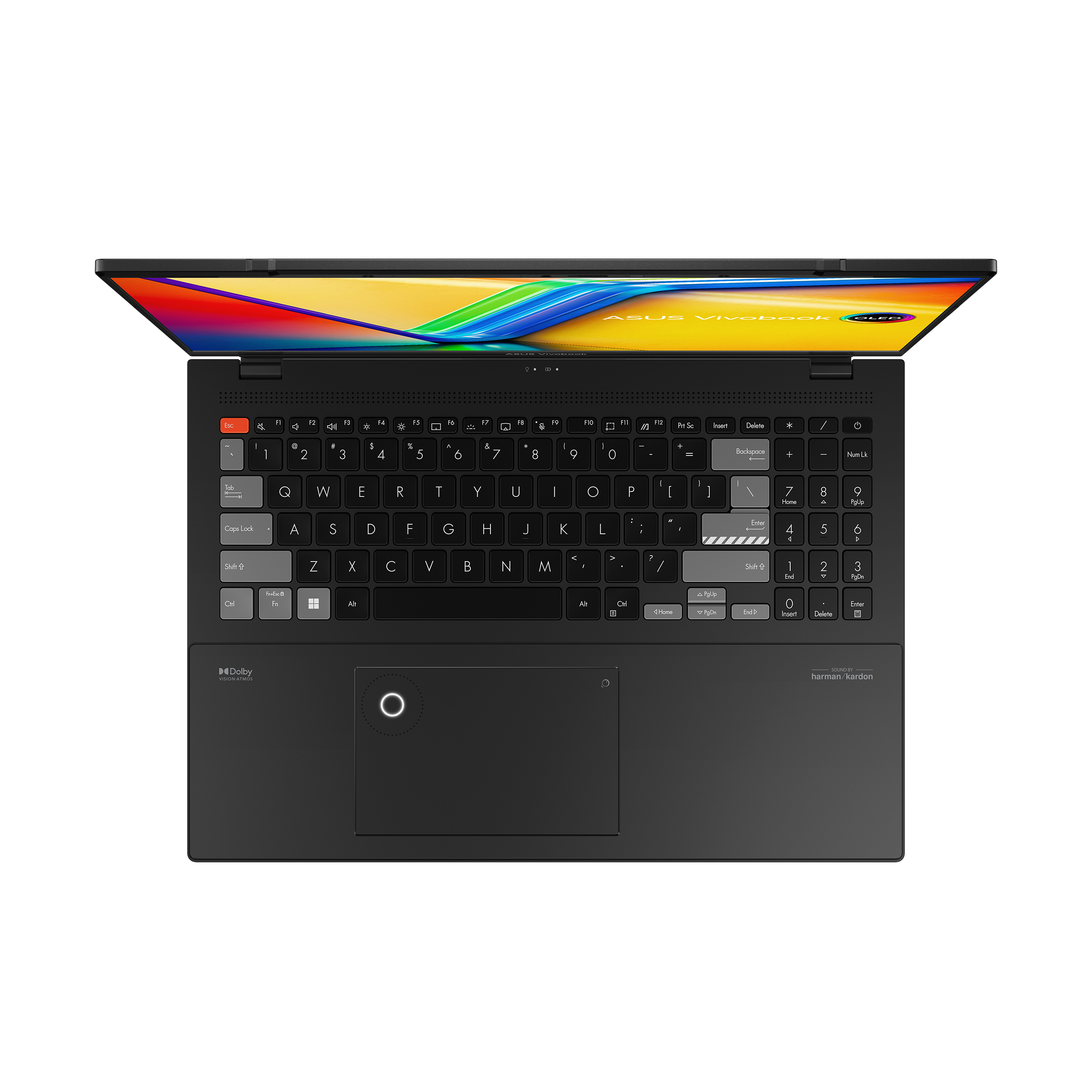 Laptop, Draufsicht. Geöffnet, Tastatur sichtbar. Zeigt den Bildschirm mit farbenfrohen Grafiken.