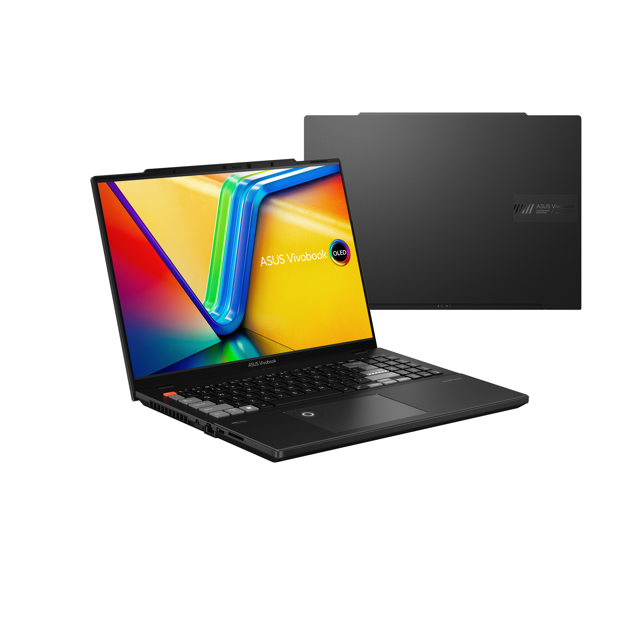 Schwarzer Laptop, offen, mit farbenfrohem Bildschirm und schwarzer Rückseite.