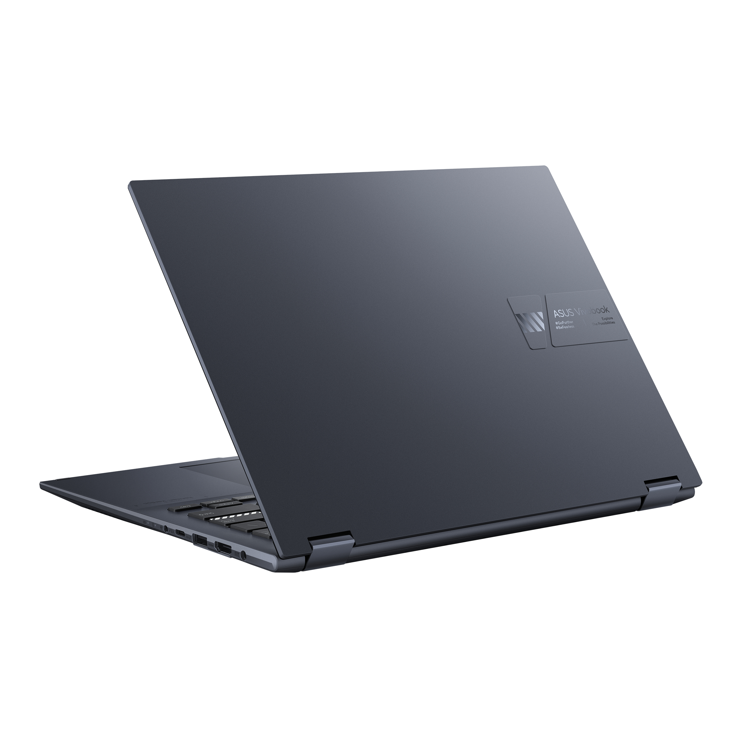 Dunkelblauer ASUS Vivobook Laptop, Rückansicht, offen, auf Weiß.