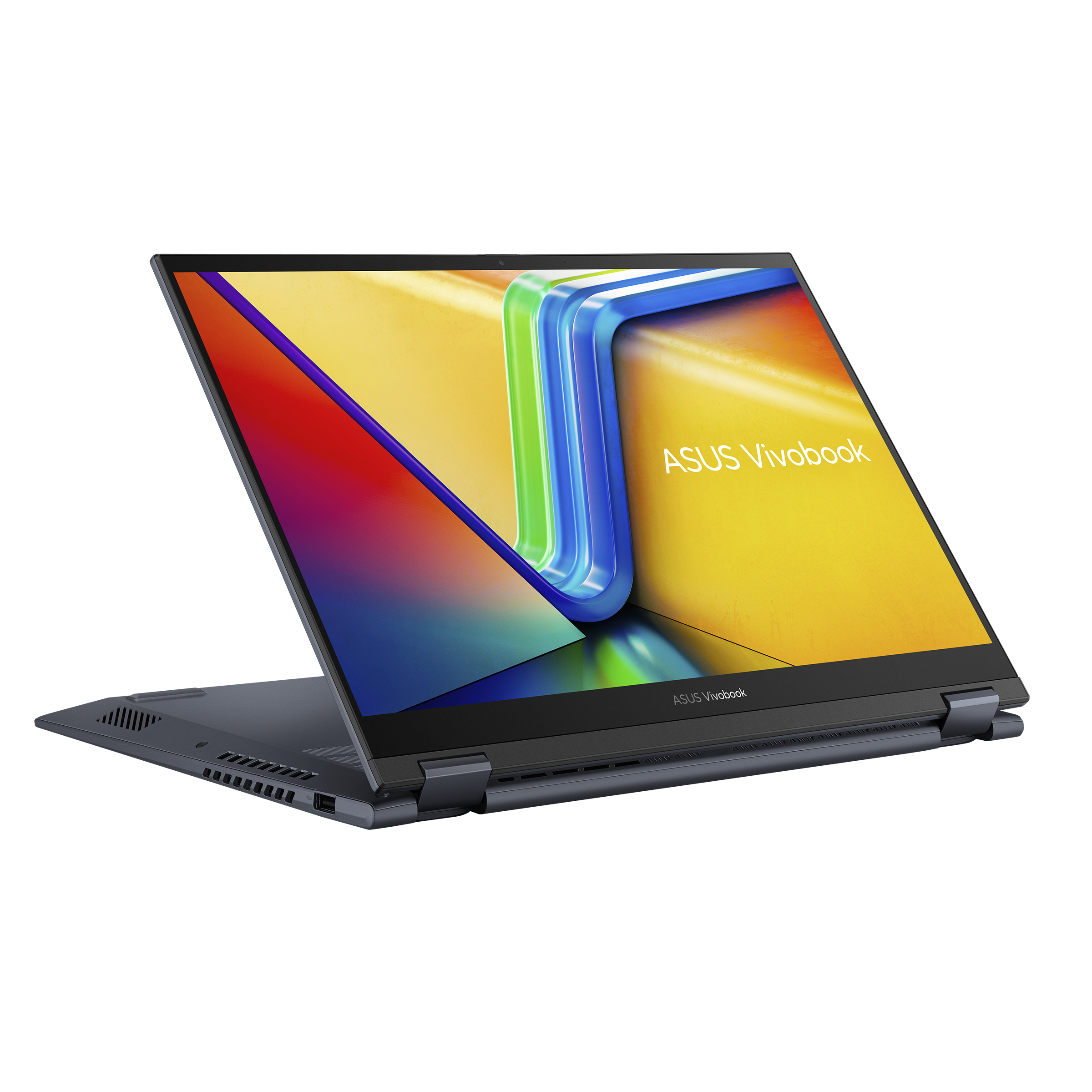 Ein Laptop ist geöffnet und zeigt ein farbenfrohes Display. Das Gehäuse des Laptops ist dunkelblau.