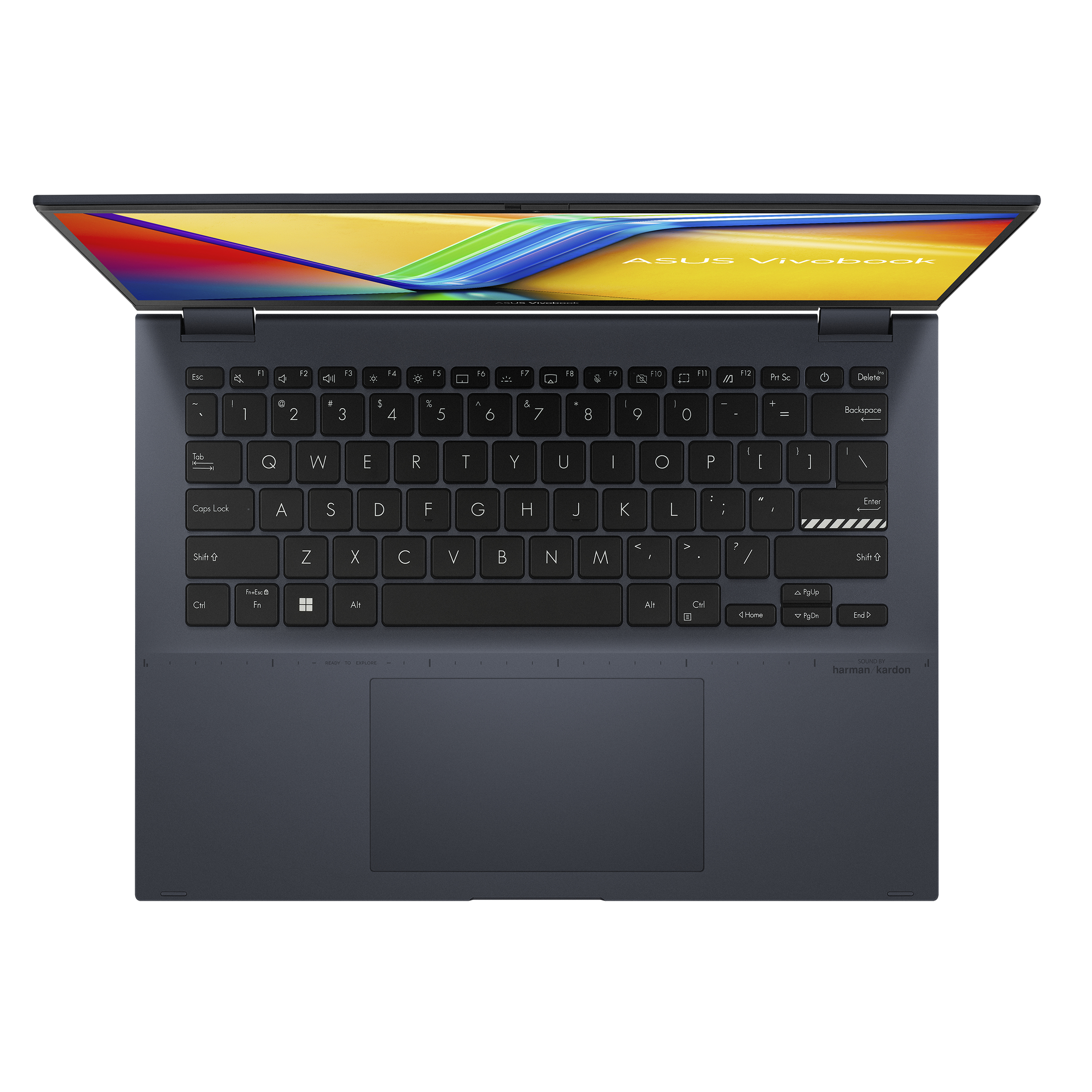 Draufsicht auf einen dunkelblauen Laptop mit Tastatur, geöffnetem Bildschirm und ASUS Vivobook-Logo.