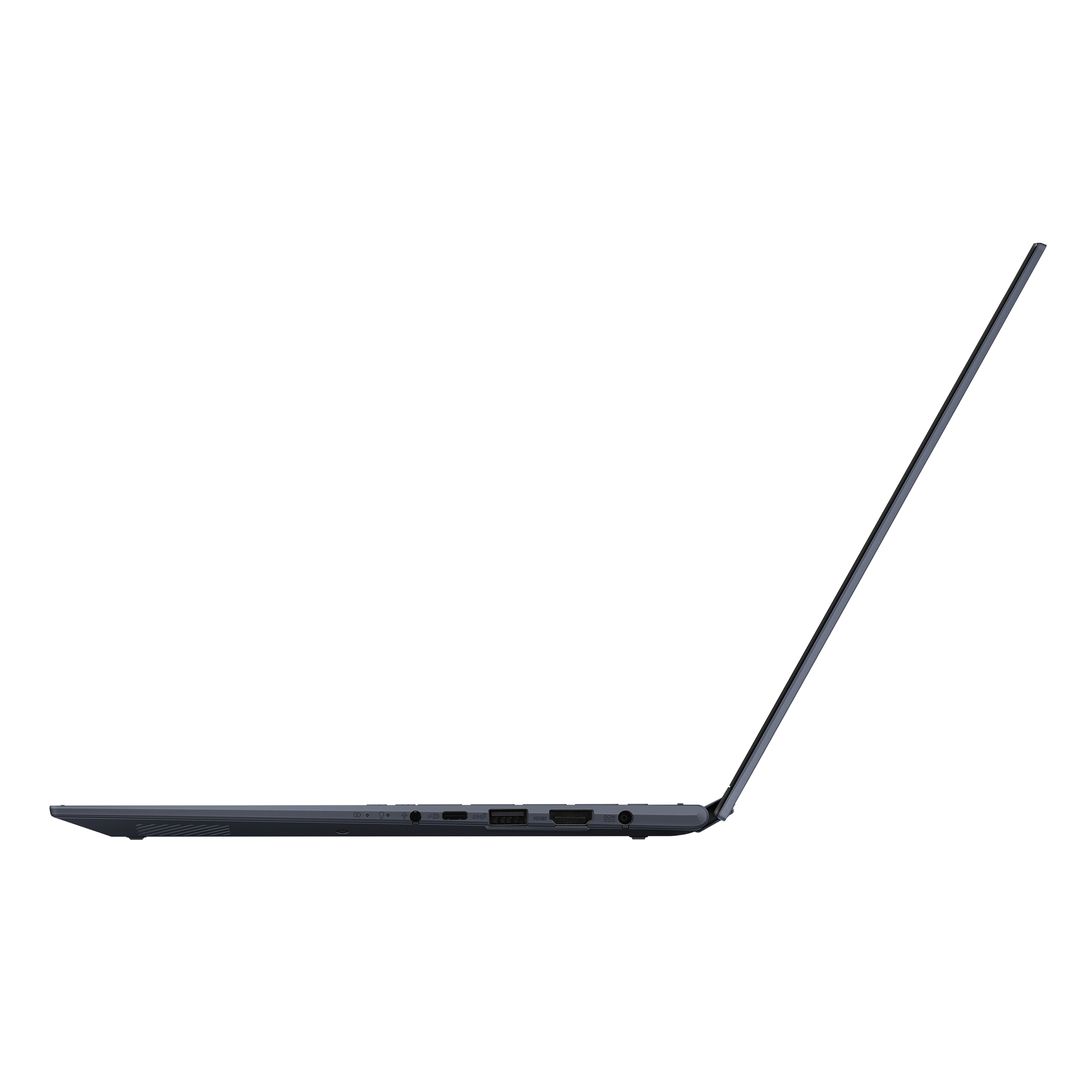 Laptop-Profilansicht, nach oben geneigt. Zeigt Anschlüsse an der Seite.