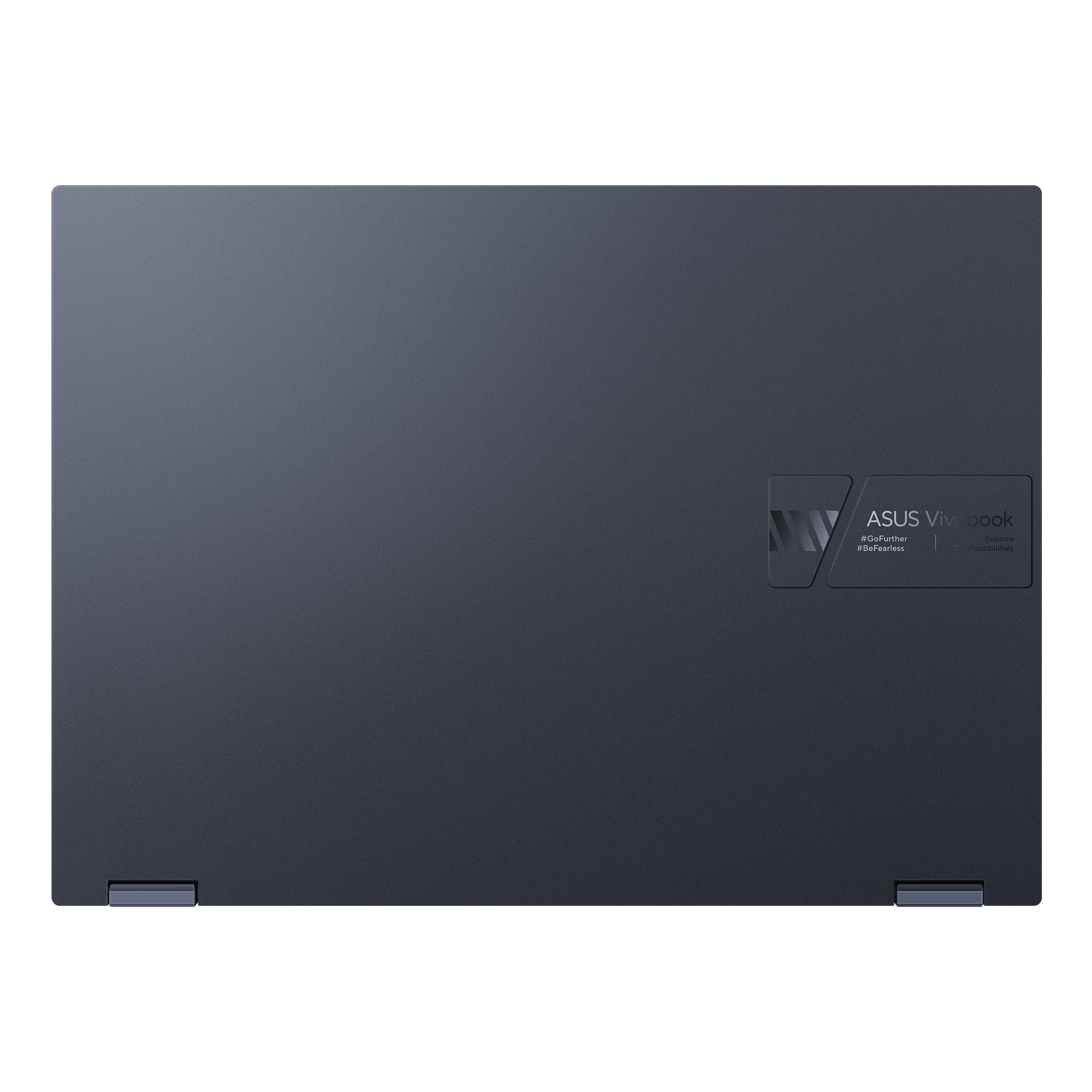 Die Rückseite eines dunkelblauen Laptops mit dem ASUS Vivobook-Logo.