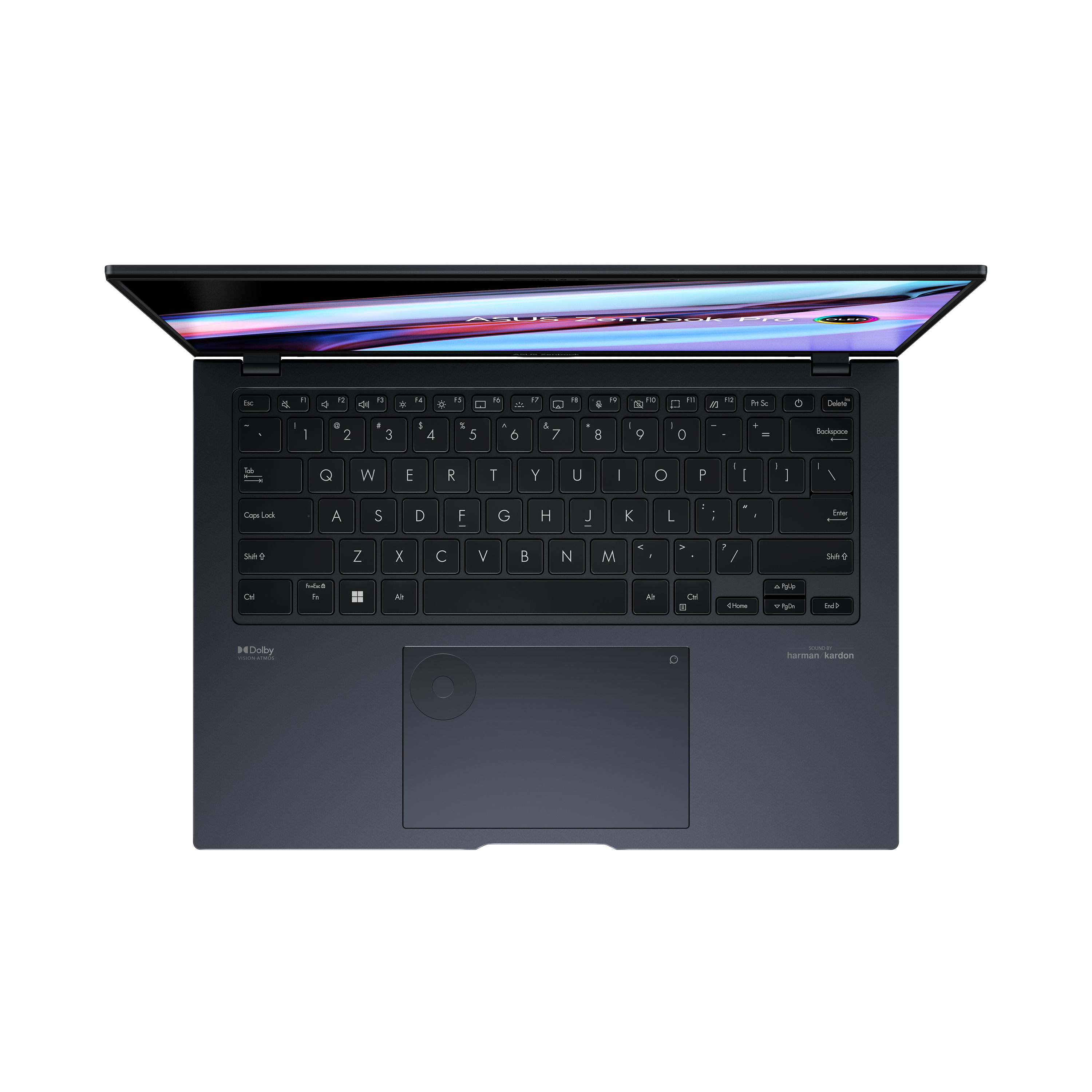 Laptop, Draufsicht, offen, mit Tastatur und Bildschirm. Schwarze Tastatur und Touchpad.