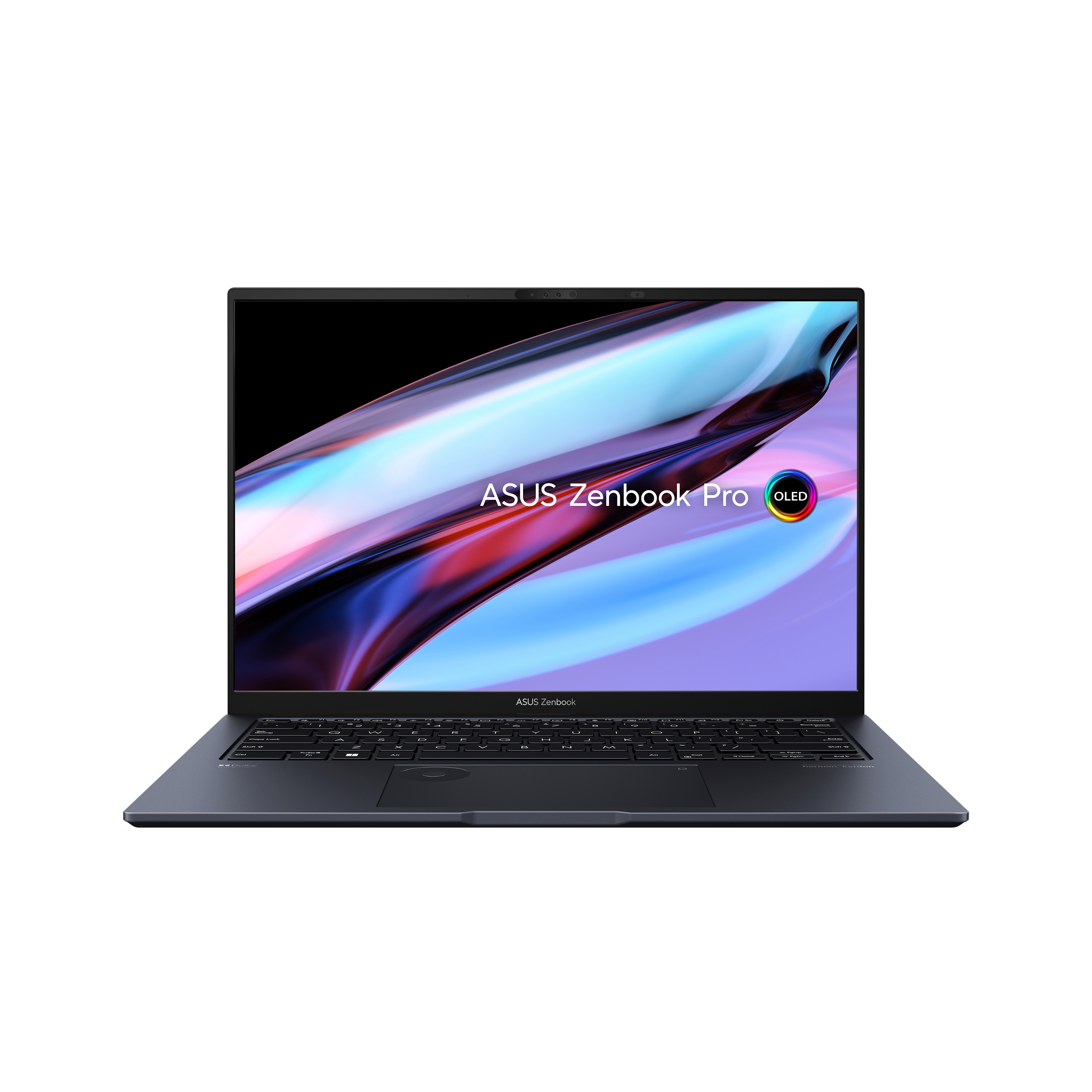 ASUS Zenbook Pro Laptop. Der Bildschirm zeigt ein farbenfrohes abstraktes Bild. Die Tastatur ist dunkelgrau.