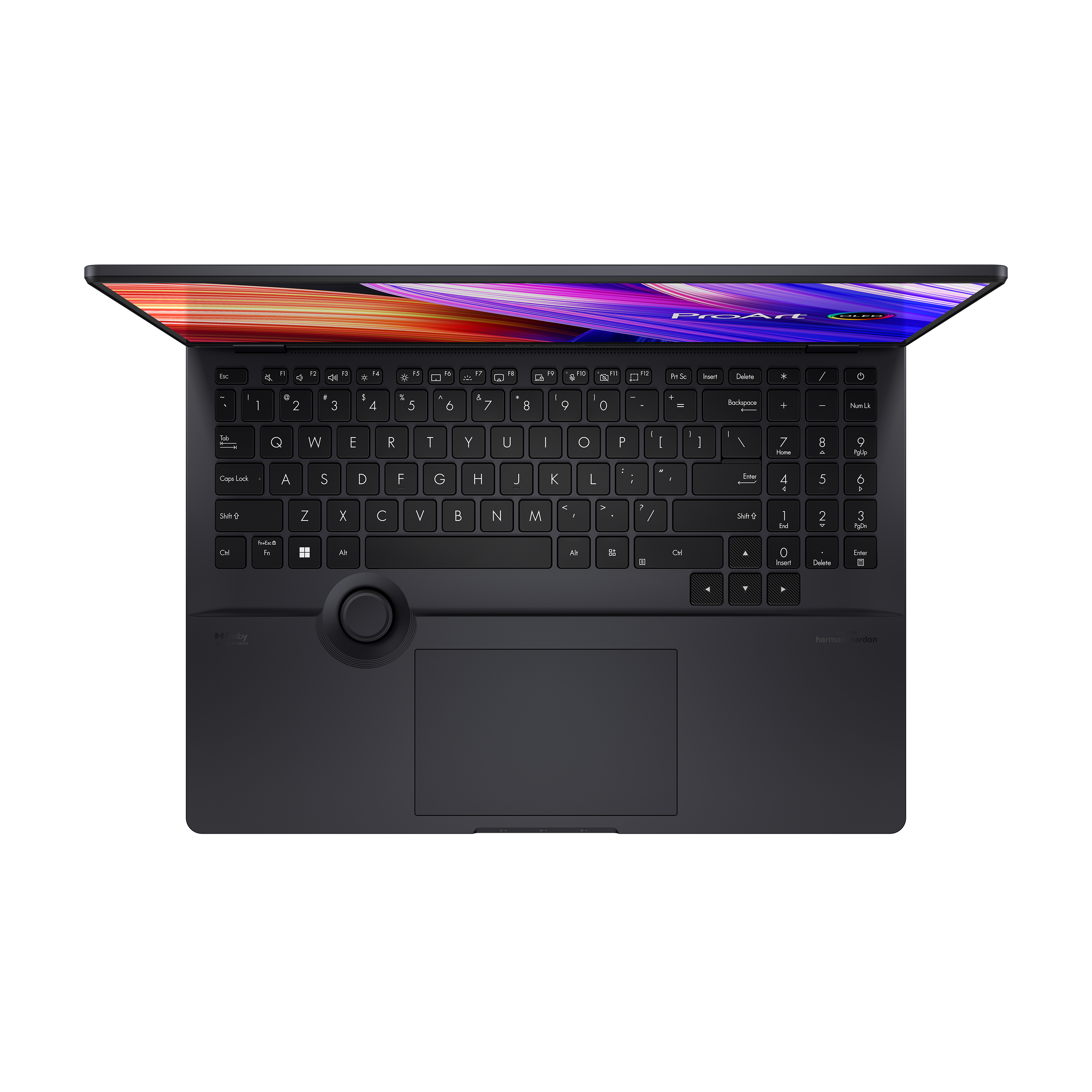 Schwarze Laptop-Tastatur mit Drehregler und Bildschirm.