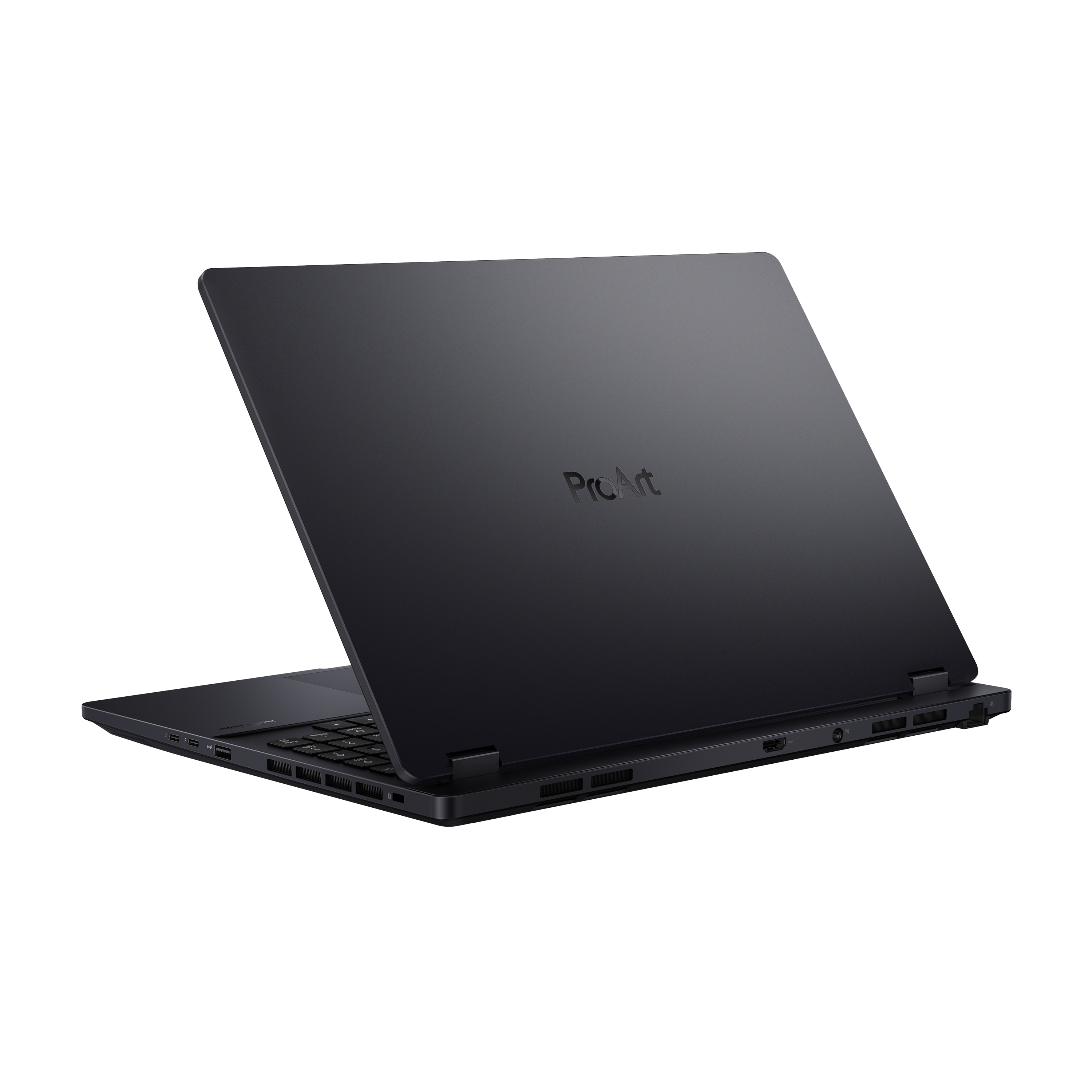 Schwarzer Laptop, Rückansicht, mit dem ProArt-Logo. Der Laptop ist leicht geöffnet.