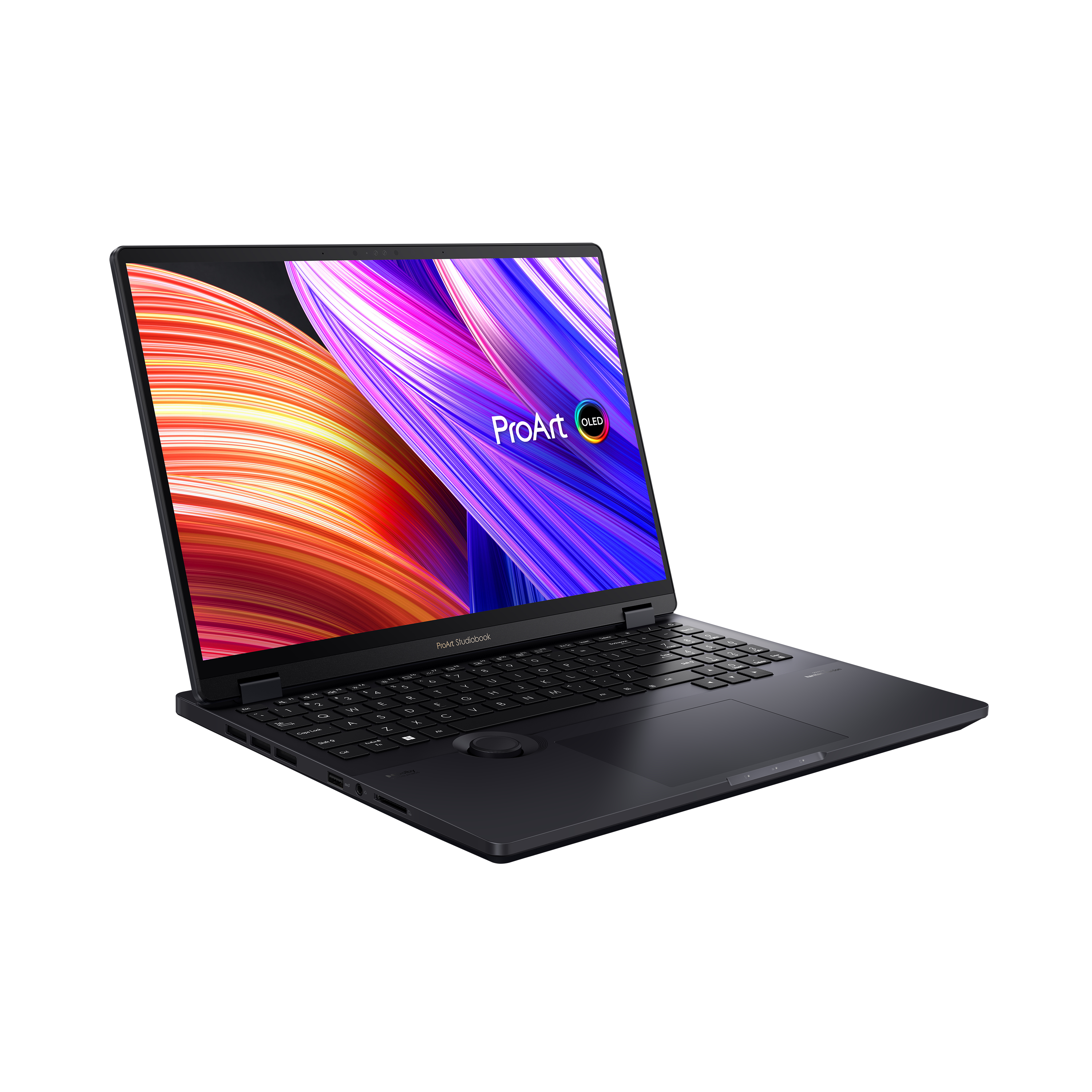 Schwarzer, geöffneter Laptop mit farbenfrohem Bildschirm.
