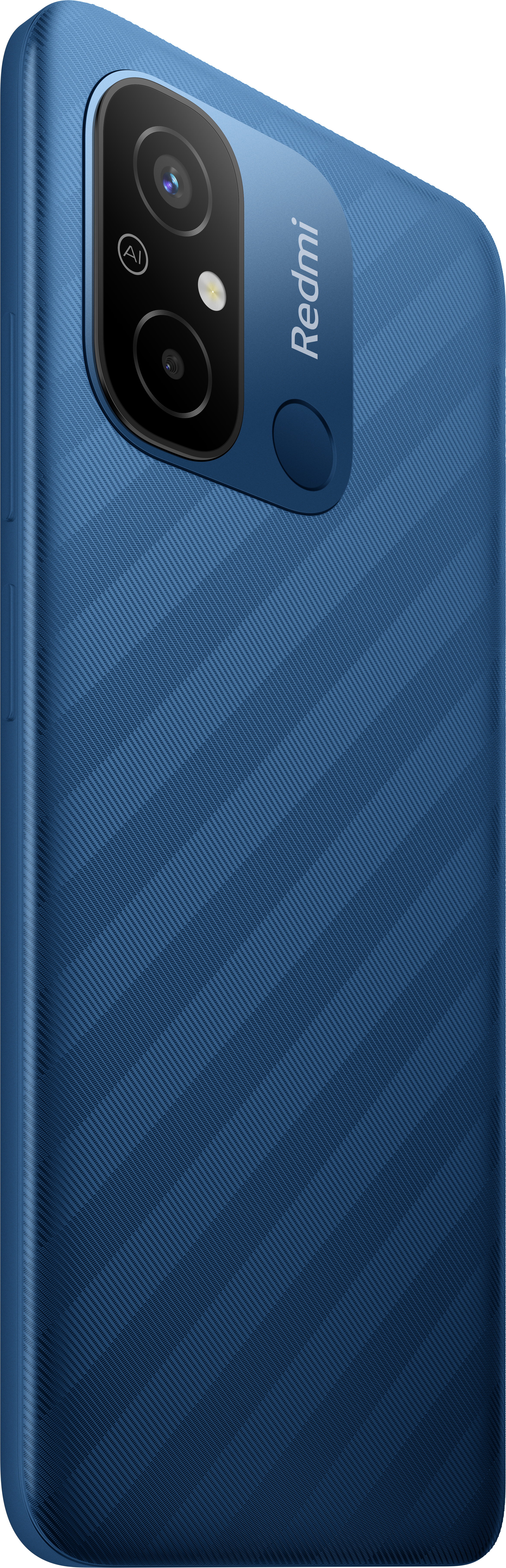 Ein blaues Redmi-Telefon mit einem Kameramodul und dem Markennamen auf der Rückseite, schräge Ansicht.