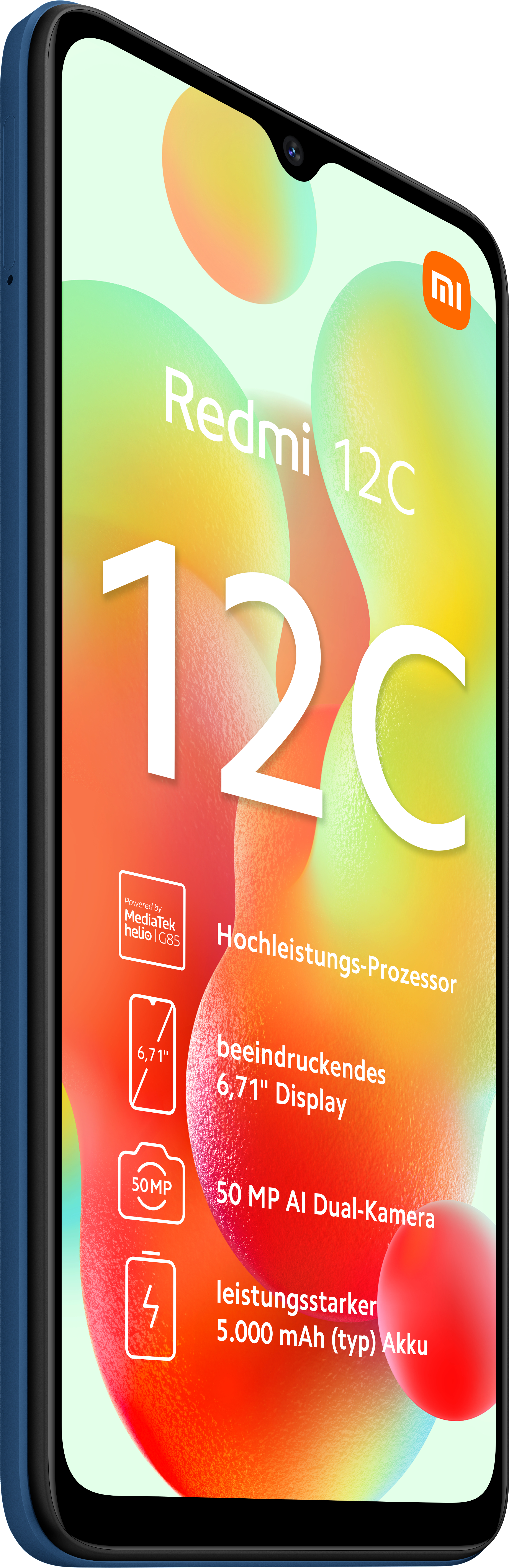 Blaues Smartphone, Redmi 12C auf dem Bildschirm, verschiedene Symbole und Text.