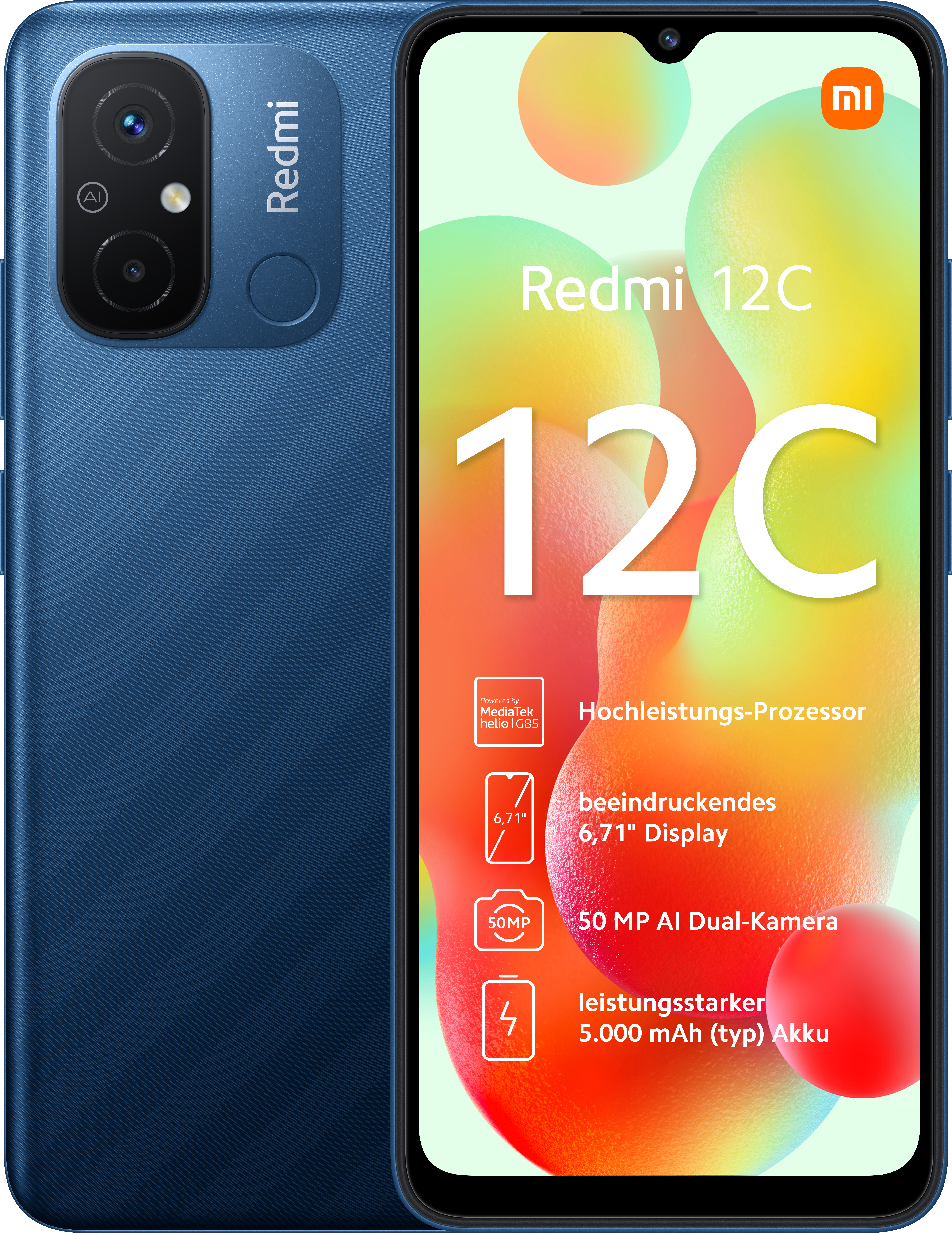 Blaues Redmi 12C Telefon. Es hat eine blaue Rückseite, eine Kamera oben links und einen Bildschirm.