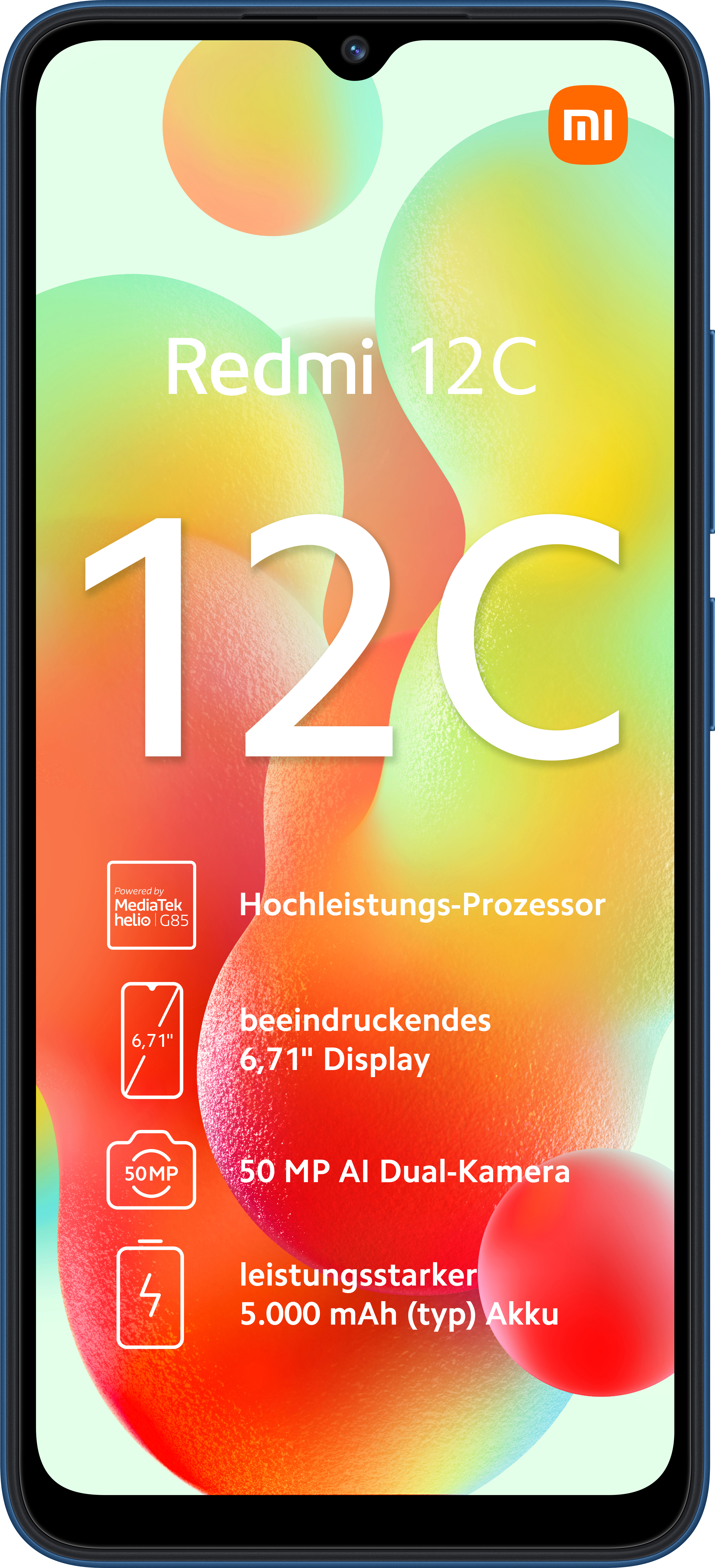 Redmi 12C-Smartphone mit großem Bildschirm und Funktionssymbolen.