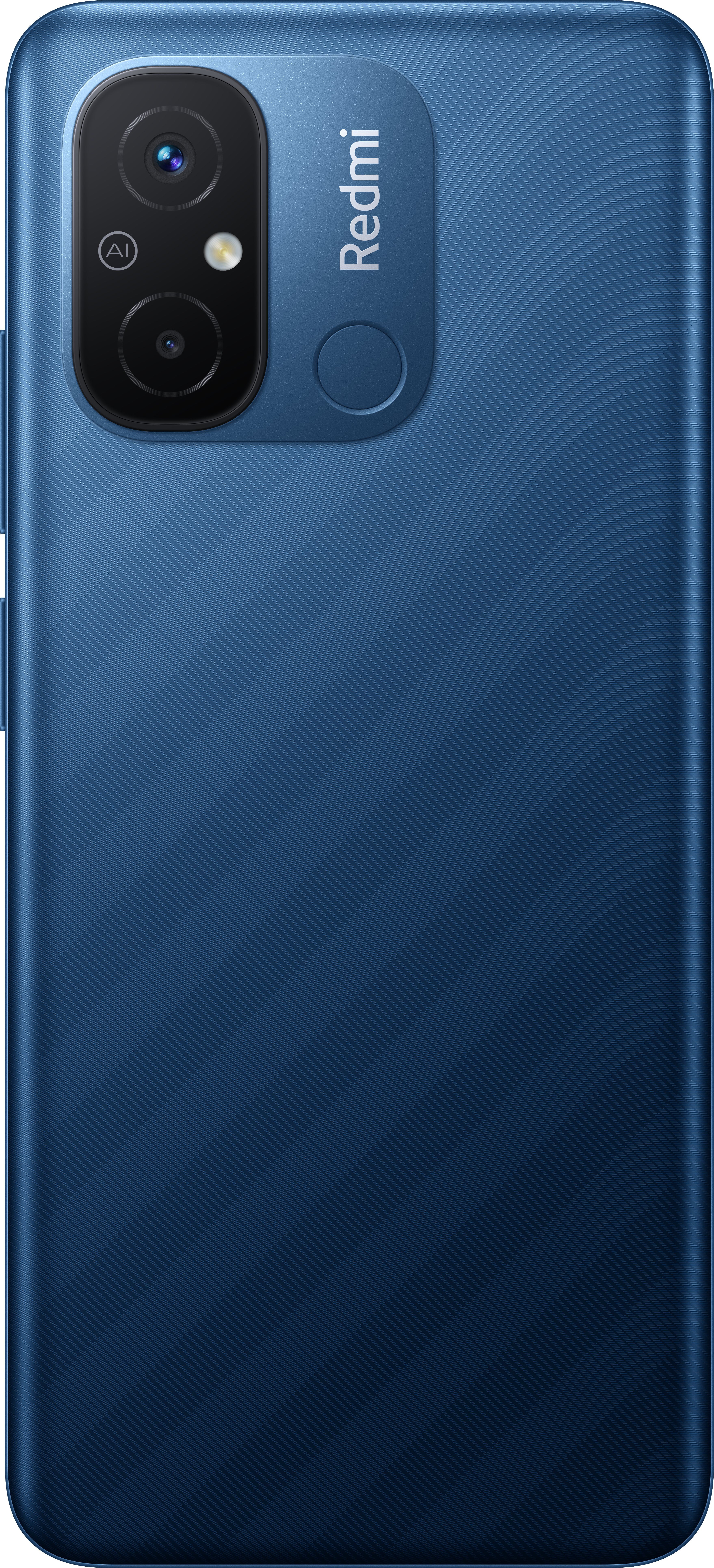 Rückseite eines blauen Redmi-Smartphones mit Dual-Kamera und Fingerabdrucksensor.