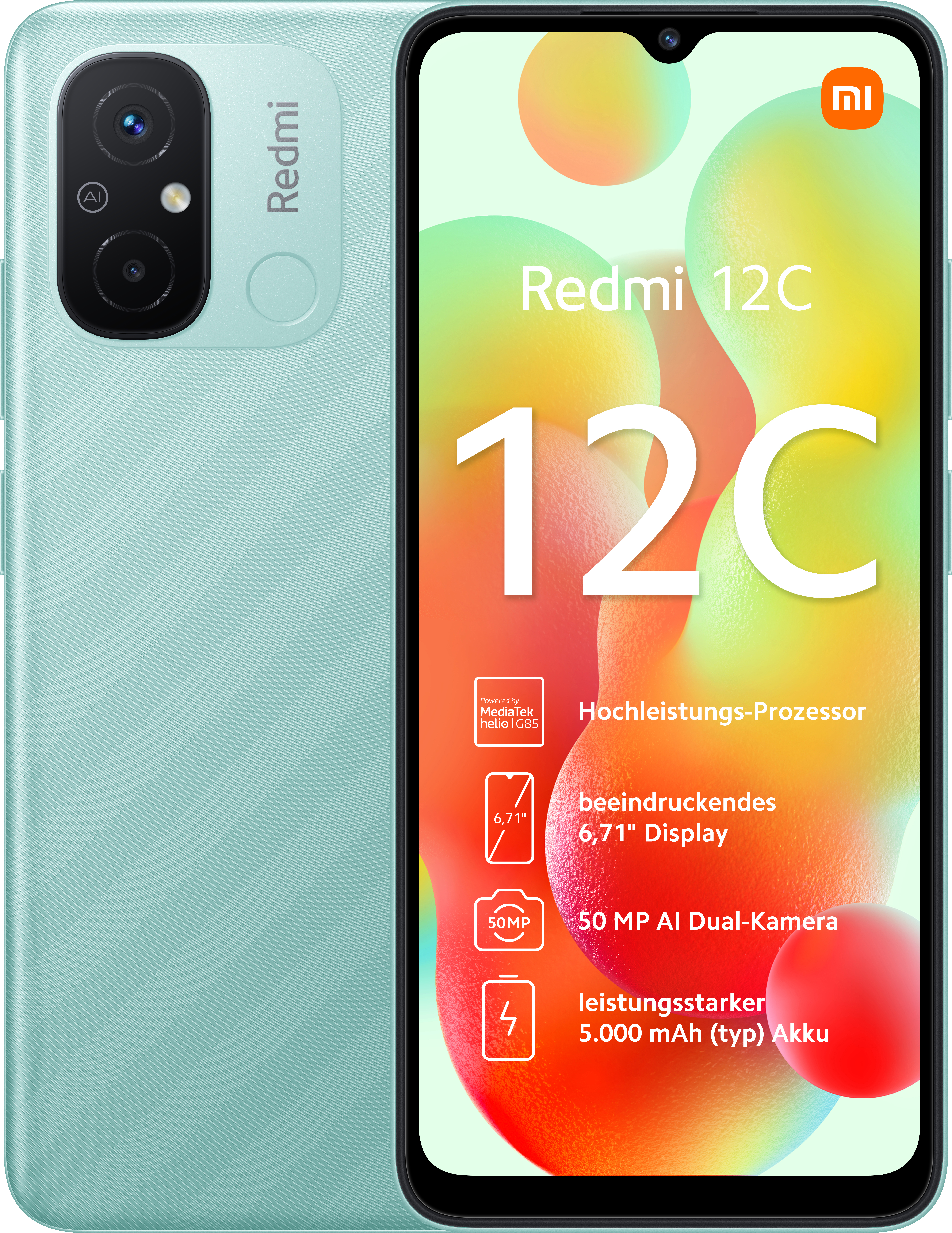 Ein Redmi 12C Smartphone in Hellgrün. Verfügt über eine Dual-Kamera und einen großen Bildschirm. Die Rückseite ist sichtbar.