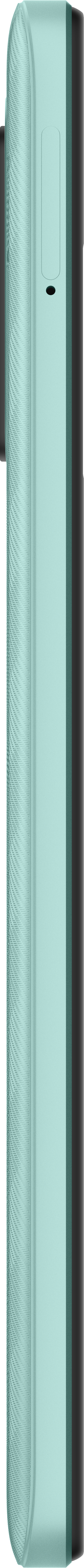 Eine Seitenansicht eines mintgrünen Smartphones.