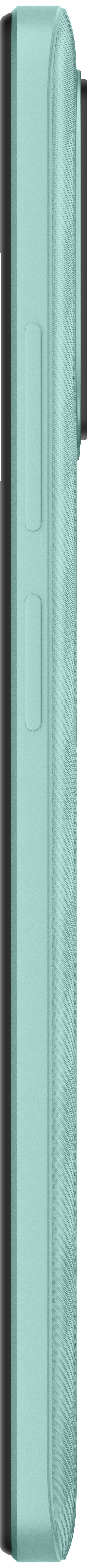 Telefon-Seitenansicht. Mintgrüne Farbe. Tasten und Kamera sind sichtbar.
