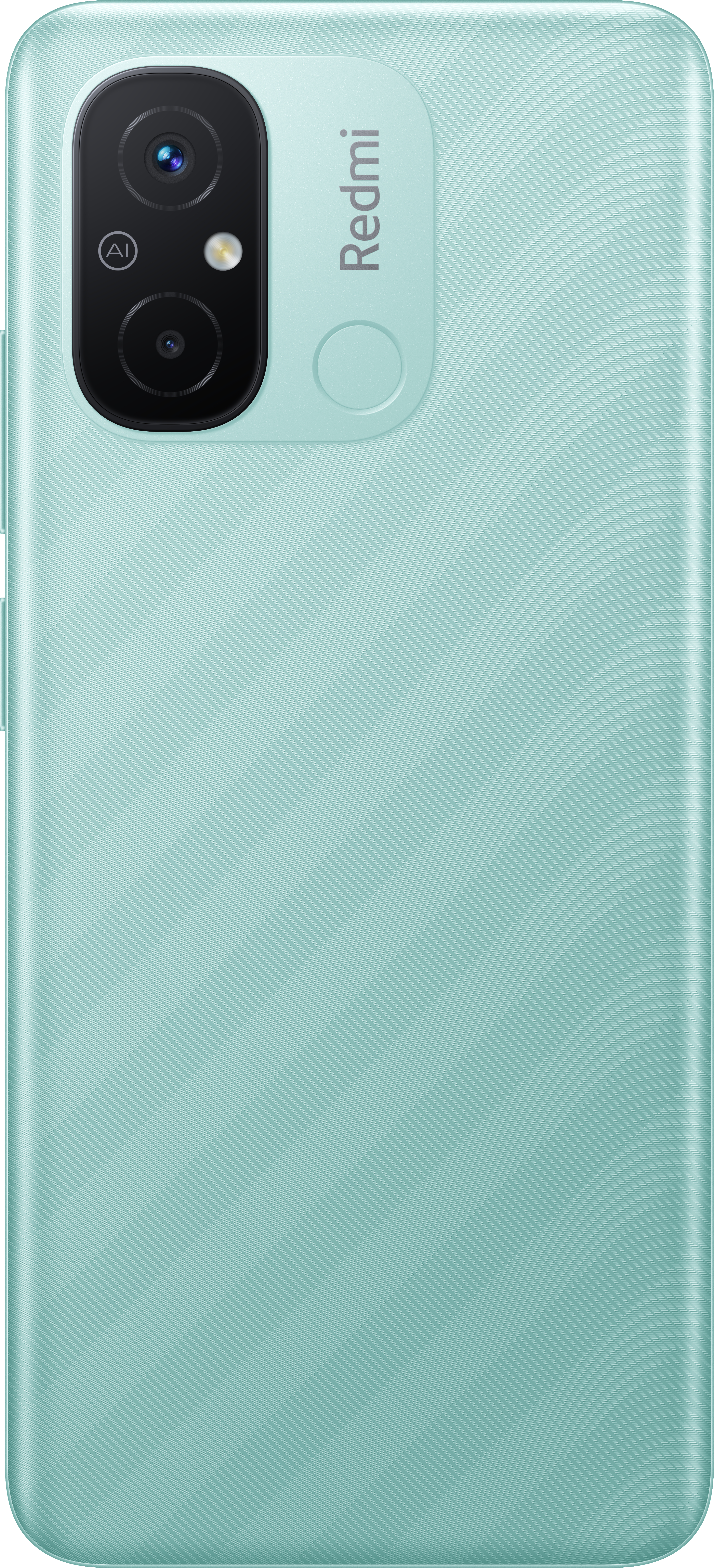 Die Rückseite eines hellgrünen Smartphones mit einer Kamera und dem Wort 'Redmi'. Die Oberfläche hat ein Muster.