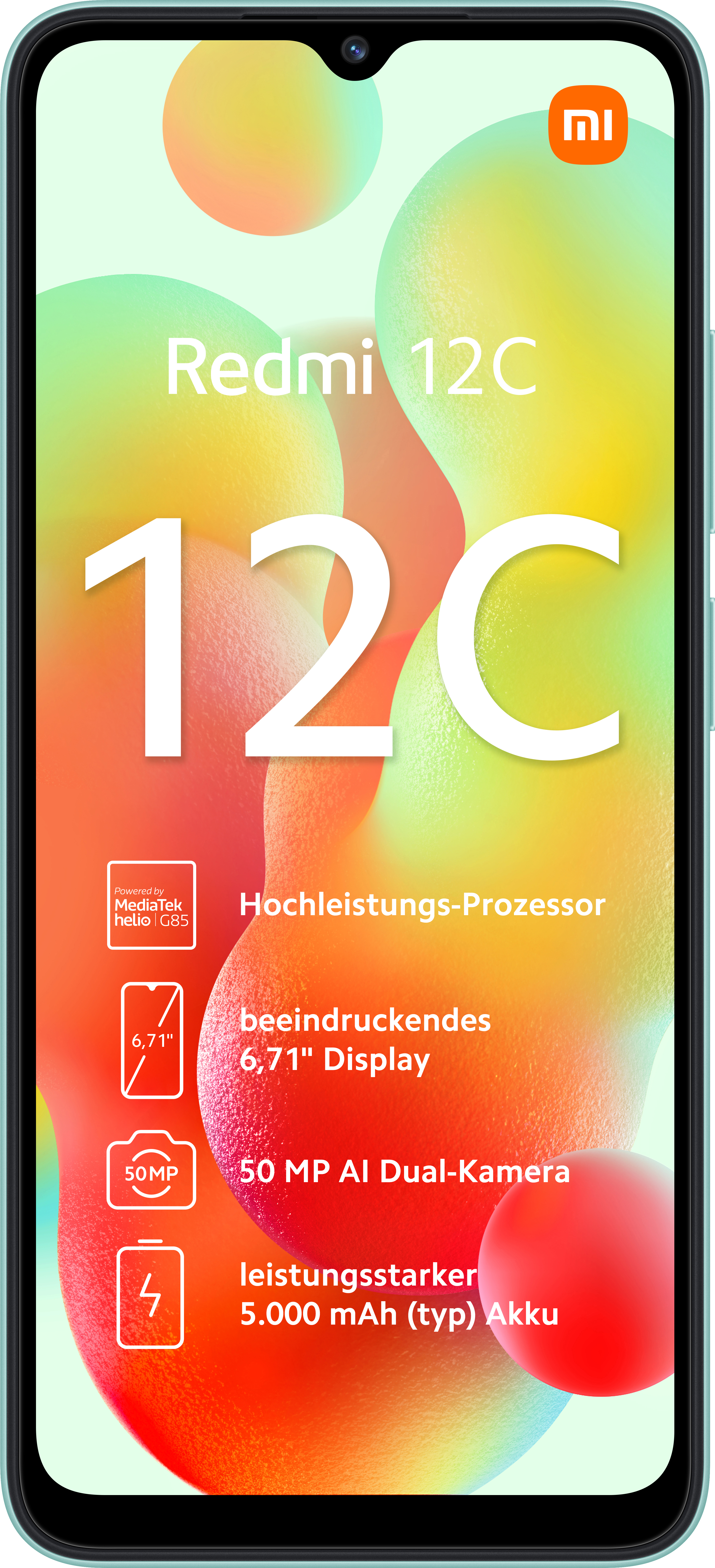 Türkisfarbenes Redmi 12C Smartphone mit großem weißen '12C' Text und Funktionssymbolen.