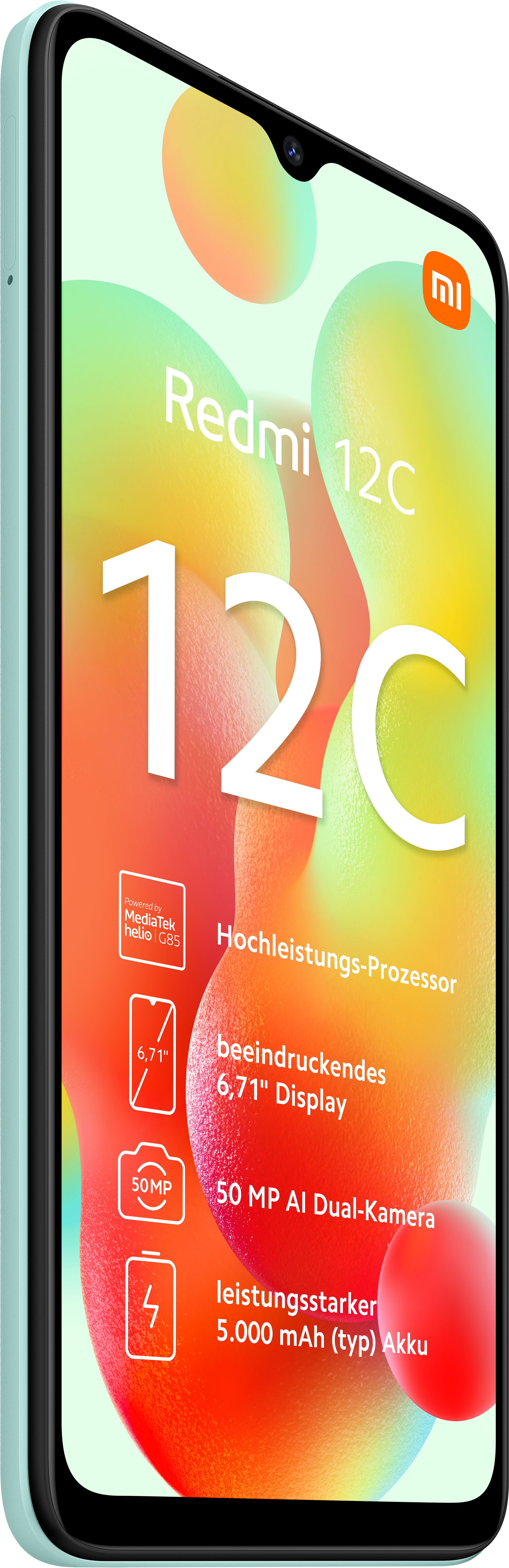 Grünes Smartphone mit buntem Hintergrund, mit Text und Symbolen.