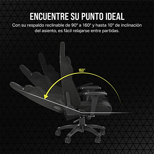 Una silla gaming reclinada, mostrando el rango de movimiento de 90 a 160 grados.