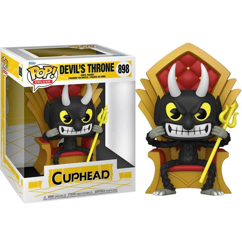 Figura Funko Pop de un diablo en un trono, con una caja al lado.