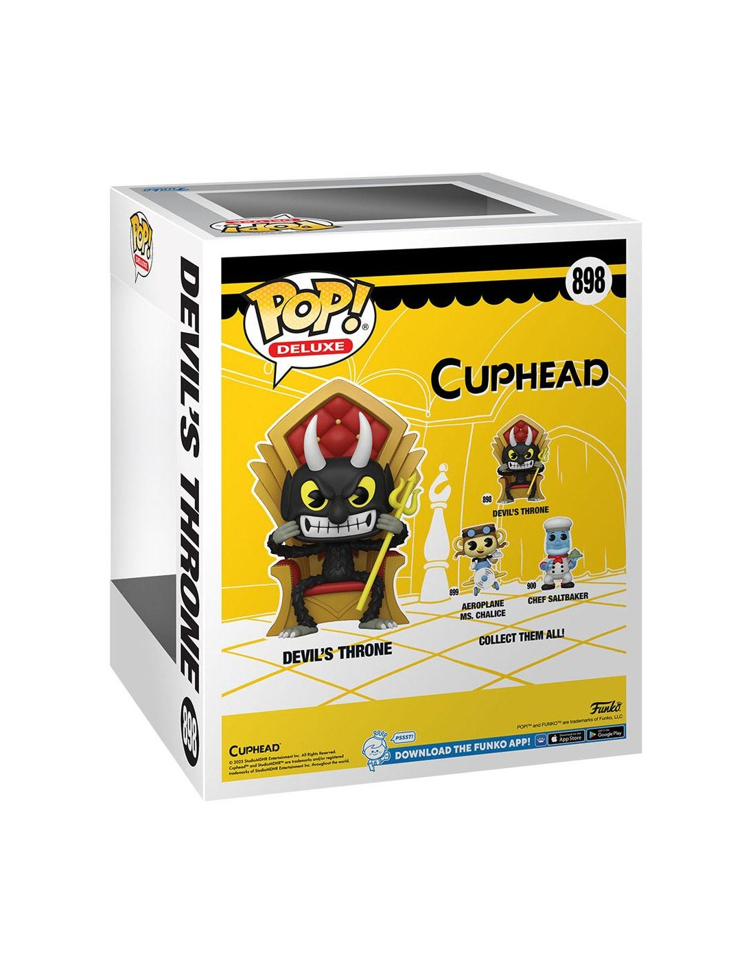 Figura Funko Pop! Deluxe Cuphead Devil's Throne en una caja. La caja muestra la figura.