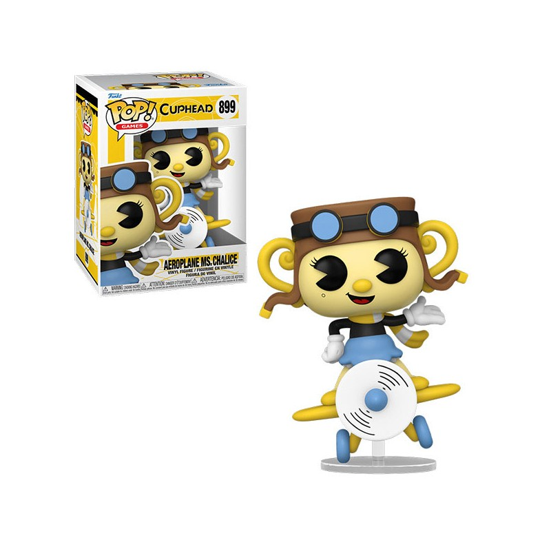 Una figura Funko Pop de Ms. Chalice, un personaje de dibujos animados, en un avión, en una caja.