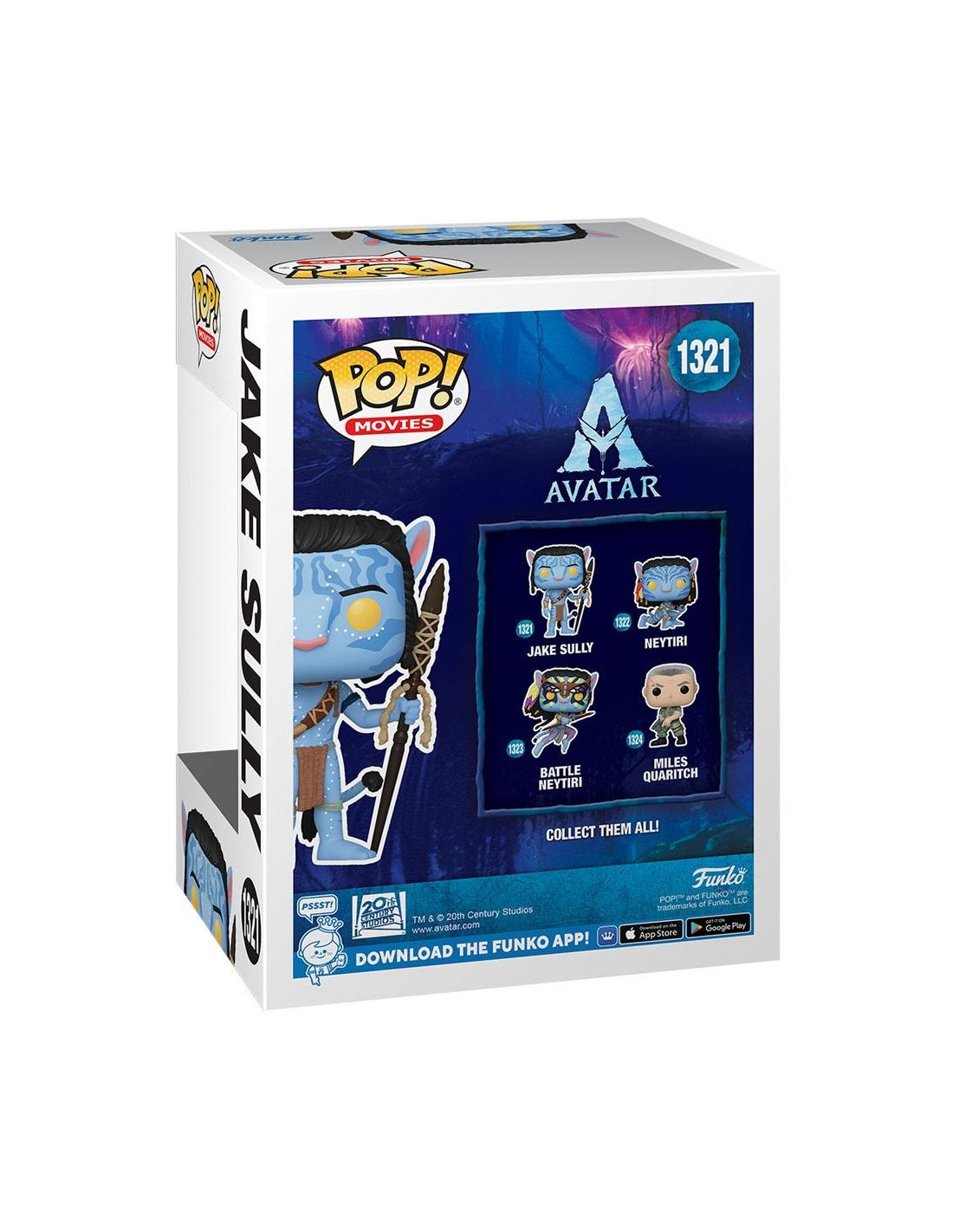 Una caja Funko Pop de Jake Sully de Avatar, con imágenes de personajes y el logo.
