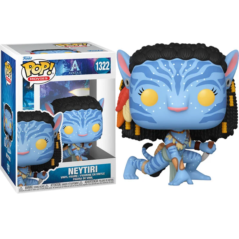 Figura de Neytiri de la película Avatar, en una caja. La figura es azul y tiene detalles.