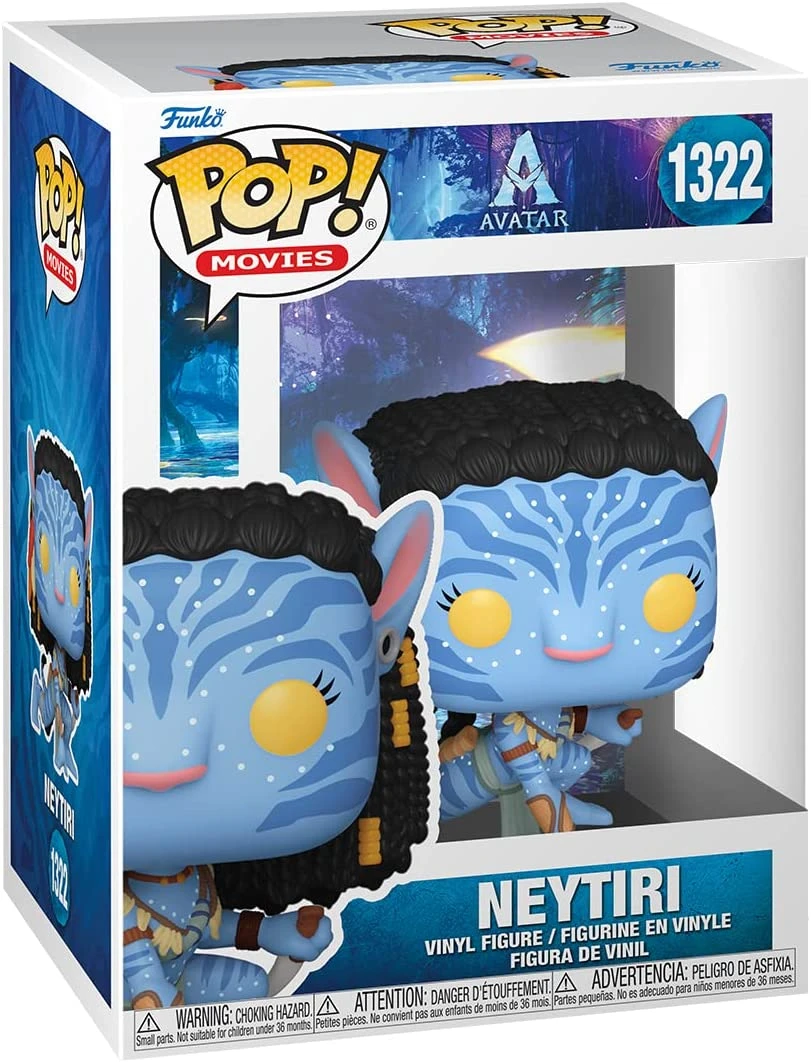 Una caja de Funko Pop con la figura de Neytiri de Avatar. La figura es azul con pelo negro.
