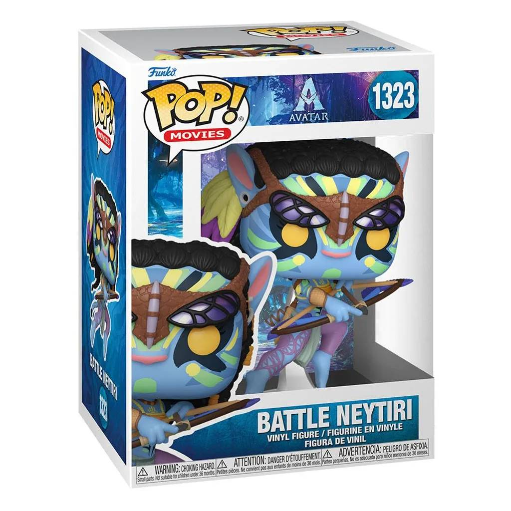 Figura Funko Pop de Neytiri de Avatar. Figura azul en caja, arco y flecha, diadema de cuero marrón.