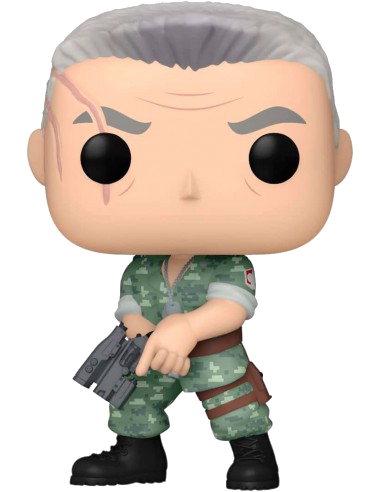 Una figura Funko Pop de un soldado con uniforme de camuflaje, sosteniendo una pistola.