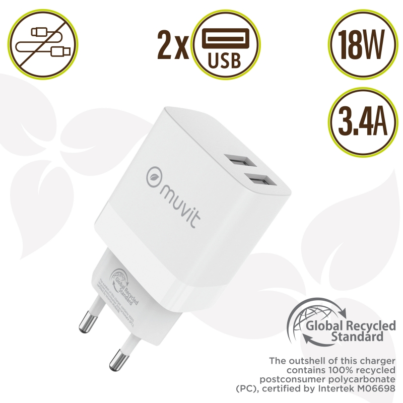 Un cargador de teléfono blanco con dos puertos USB e iconos que indican 18W y 3.4A de salida.