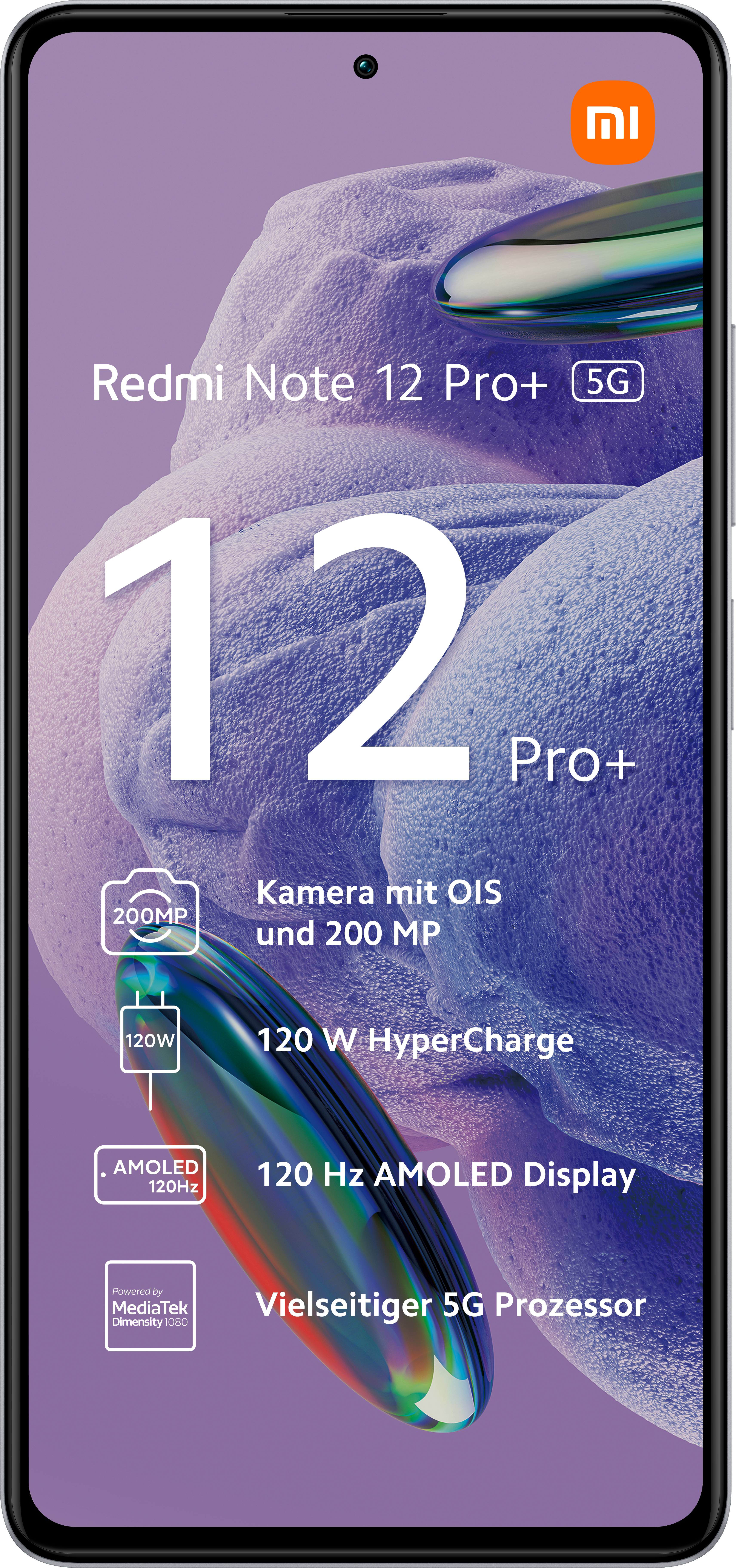 Smartphone-Bildschirm mit Infos: Redmi Note 12 Pro+, 200MP Kamera, 120W HyperCharge.